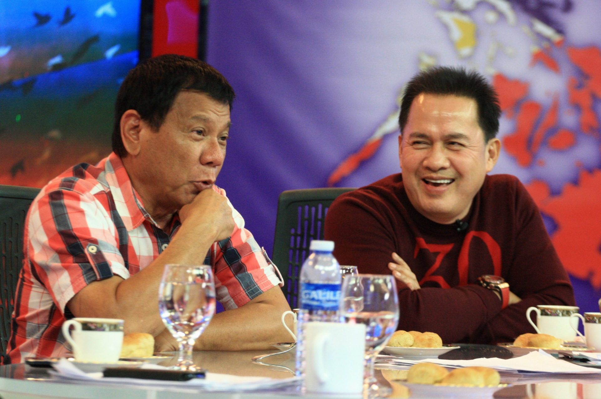 GOOD FRIENDS. Rody Duterte and Pastor Apollo Quiboloy catch up at the end of Election Day in Davao City. Photo by Manman Dejeto/Rappler 