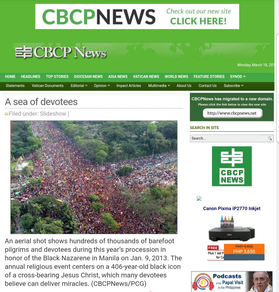 BLACK NAZARENE PROCESSION. The photo is actually of the Nazarene's hundreds of thousands of devotees in January 2013 