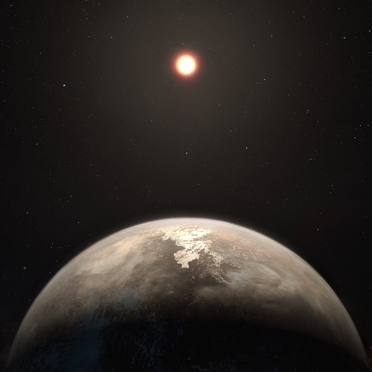 ANYONE THERE? This artist's impression shows the temperate planet Ross 128 b, with its red dwarf parent star in the background. ESO/M. Kornmesser 