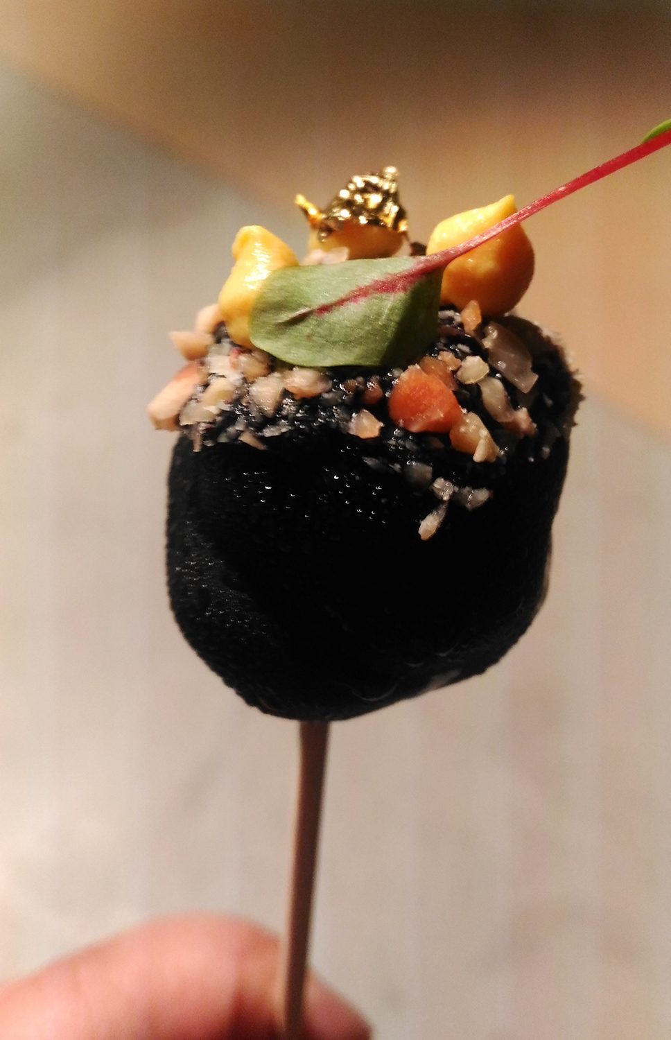 FLAVOR BURST. Sweet meets savory with duck liver dipped in chocolate. Photo by Alexis Betia/Rappler 