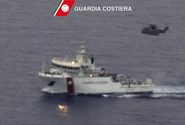 A handout image from a video released by Italian Coast Guard on 19 April 2015 shows the 'Gregoretti' ship during the search and rescue operations on the site of the shipwreck in the Strait of Sicily, 19 April 2015. Italian Coast Guard/Handout/EPA 