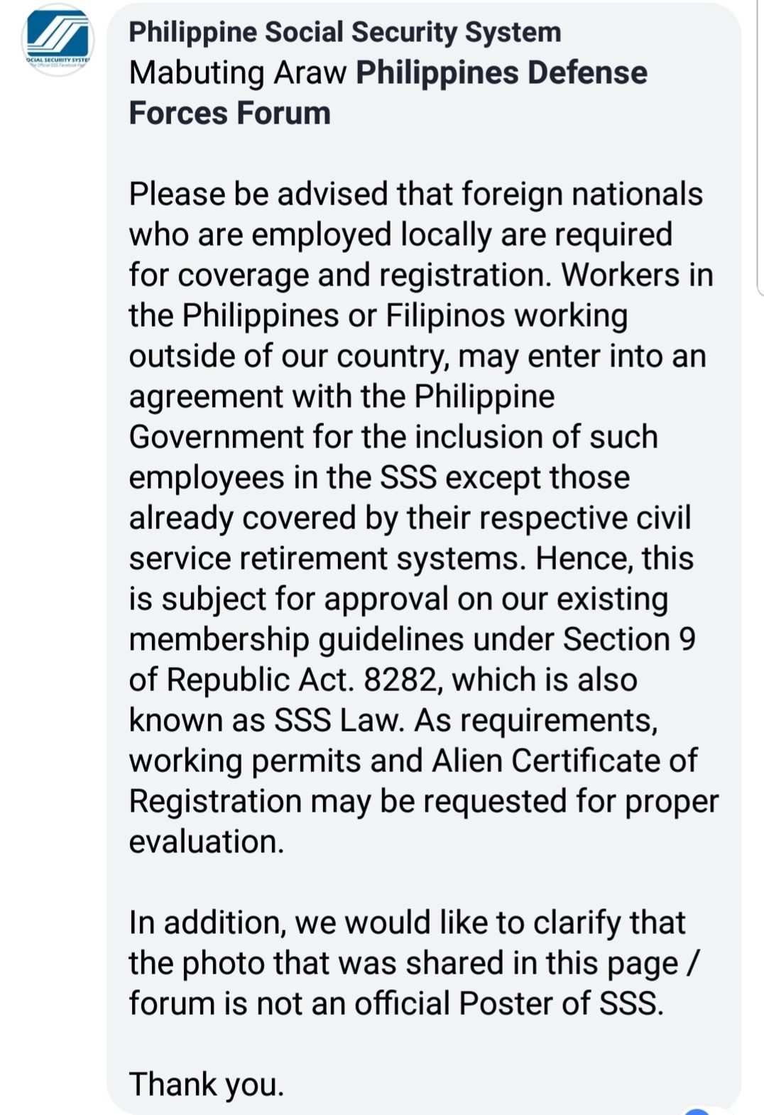 COVERED BY SSS. Screenshot of the government agency's response to the post  