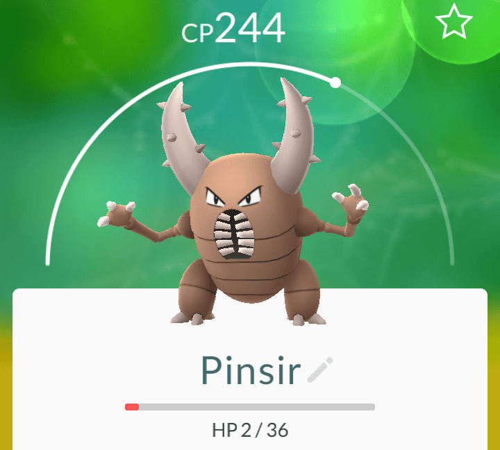 Setelah bertarung, Pinsir hanya punya 2 HP. Ia butuh Potion atau Revive untuk mengembalikan kekuatannya seperti semula. 
