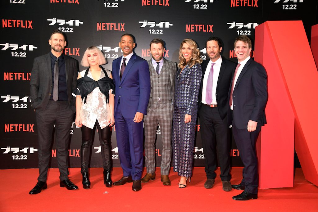 NETFLIX'S BRIGHT. Director David Ayer, stars Noomi Rapace, Will Smith, Joel Edgerton, and Dawn Olivieri, and producers Eric Newman and Bryan Unkeless attend the Japan premiere of 'Bright.' Photo courtesy of Netflix 