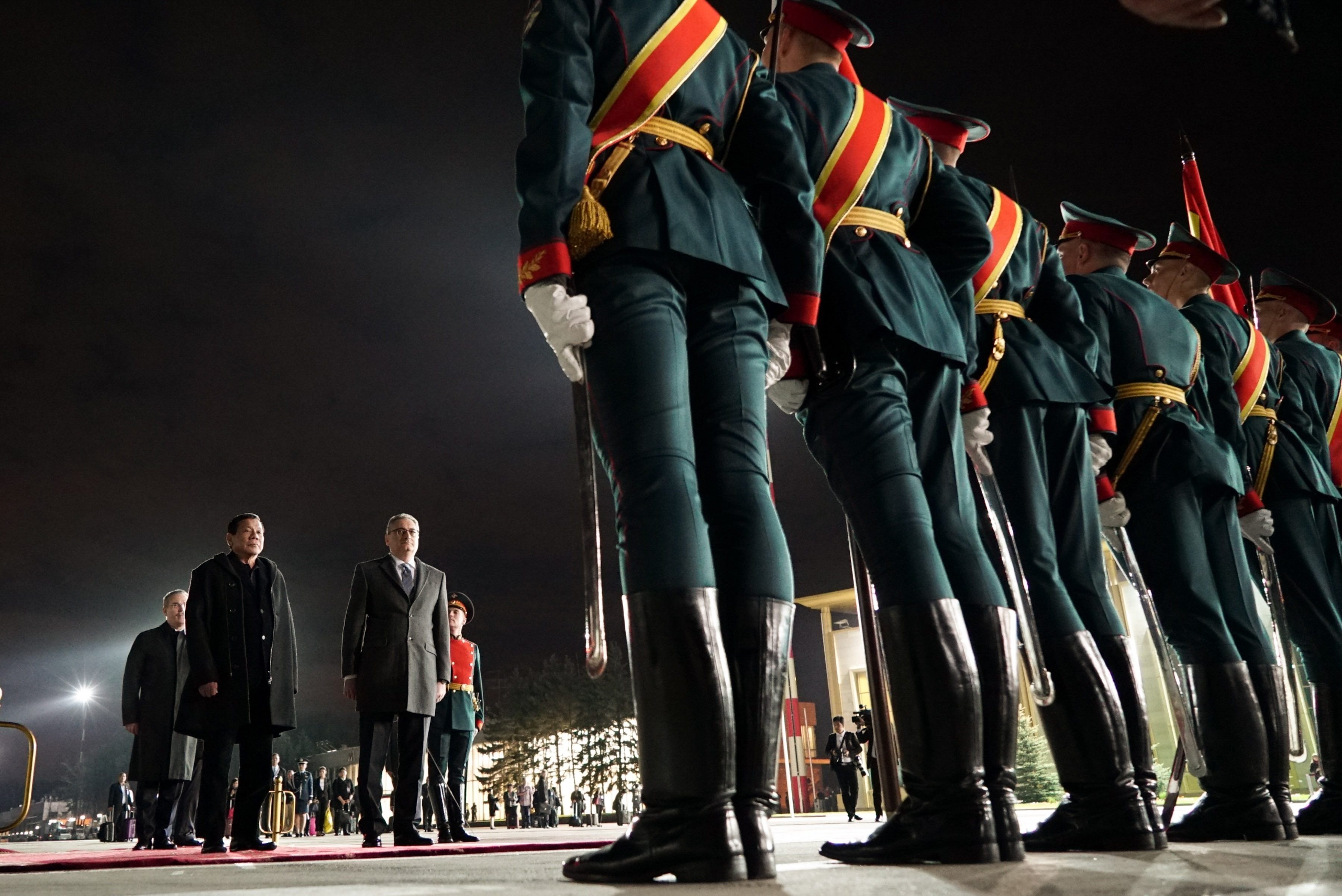 IN RUSSIA. President Rodrigo Duterte inspects the Russian Guards of Honor upon his arrival in Moscow for his official visit to the Russian Federation on May 23, 2016. Joining the President is Deputy Foreign Minister Igor Vladimirovich Morgulov. Malacañang Photo
   