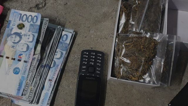 CONFISCATED. Among the items police confiscated from Loonie and companions are sachets of marijuana, a cellphone, and money. Photo courtesy of Makati Police 