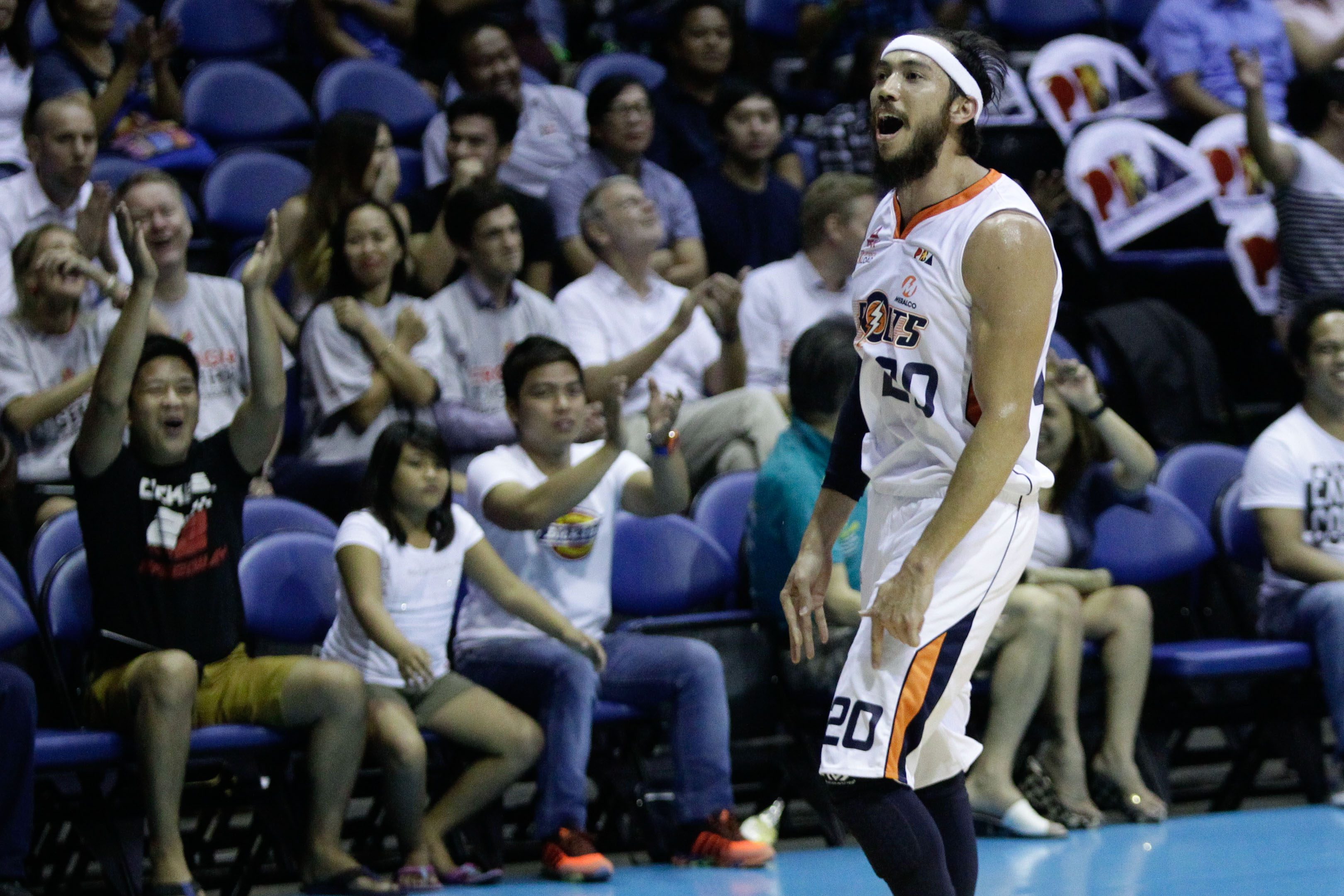 BANK IT IN. Jared Dillinger of Meralco reacts after he banked in a huge triple from Alaska's 3-point line to end the third quarter in Game 4 of their semifinals matchup. Photo by Eduardo Solo/Rappler 