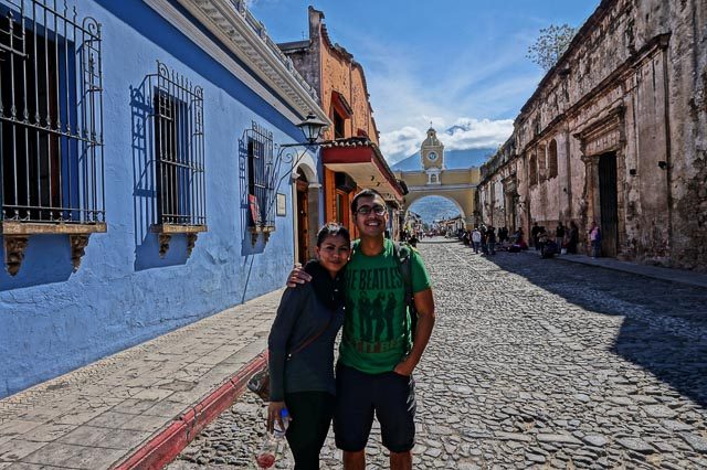 GUATEMALA. Posing for a photo in Antigua with Volcan Pacaya. Photo taken by Isabel Wilder 