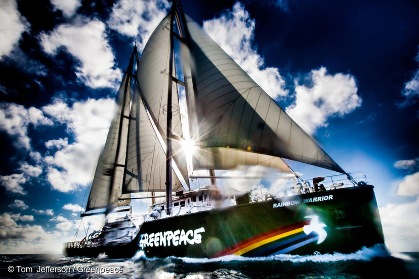 RAINBOW WARRIOR. The Rainbow Warrior is under full sail off the Queensland coast during the 'Save the Reef' tour. File photo by Tom Jefferson / Greenpeace 