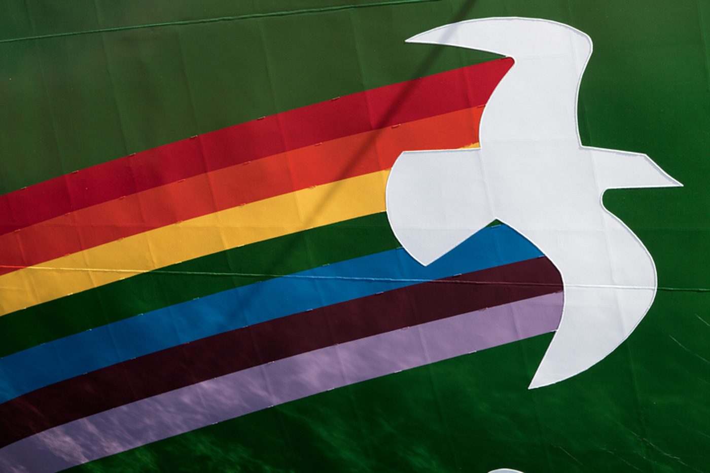 FLAGSHIP. Detail of the peace dove and rainbow emblem at the bow of Greenpeace's new flagship, the Rainbow Warrior III, at the Broadway Pier in Fell's Point. File photo by Eric Spiegel / Greenpeace 