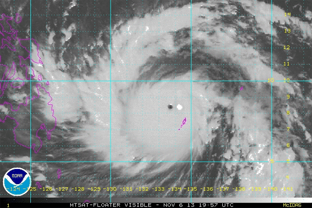 This animated image shows the MTSAT image of Typhoon Yolanda (Haiyan) between 19:57 and 02:57 UTC Nov 6-7 2013. Image courtesy NOAA