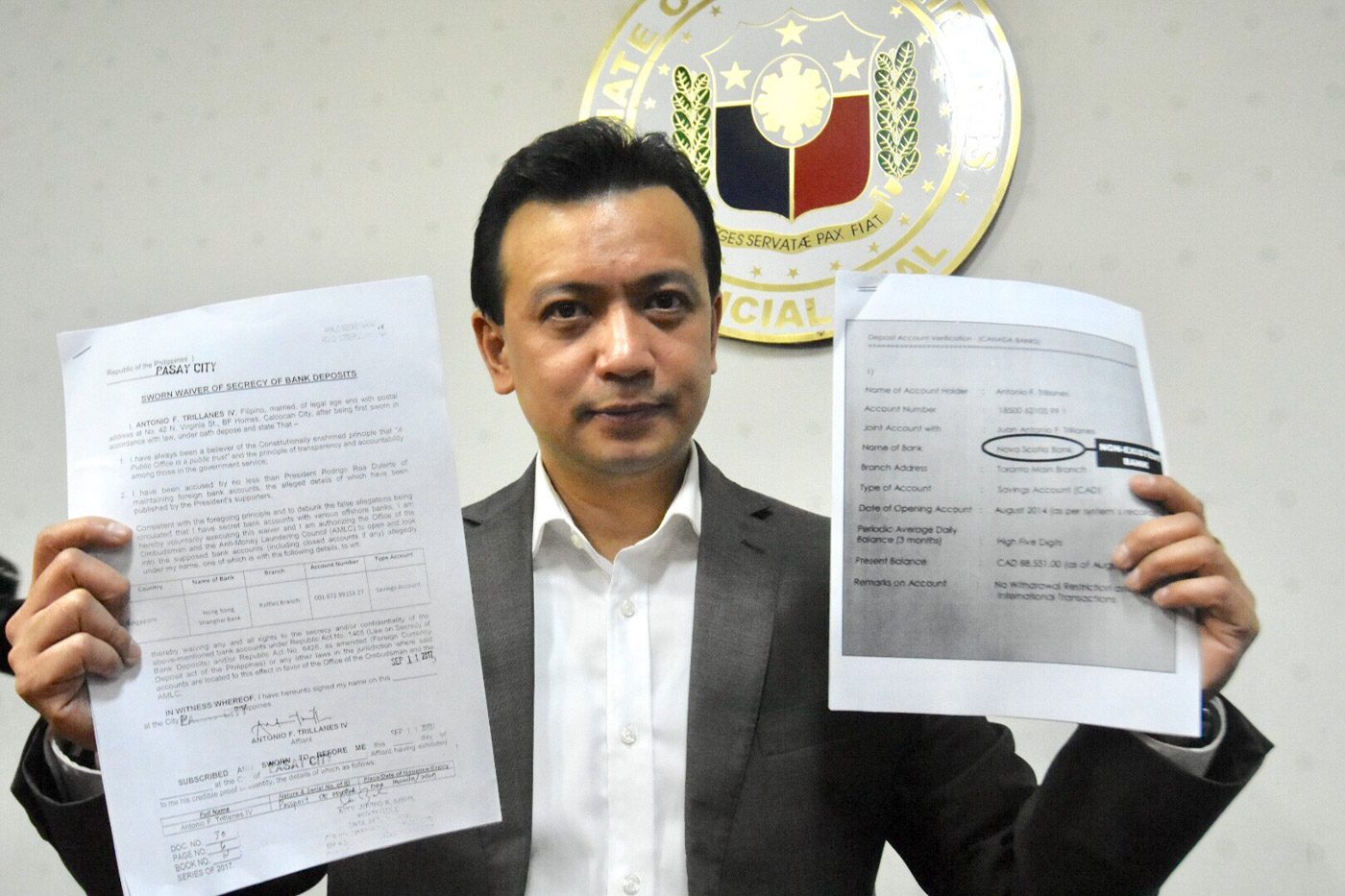 Trillanes submits bank secrecy waivers to AMLC, Ombudsman