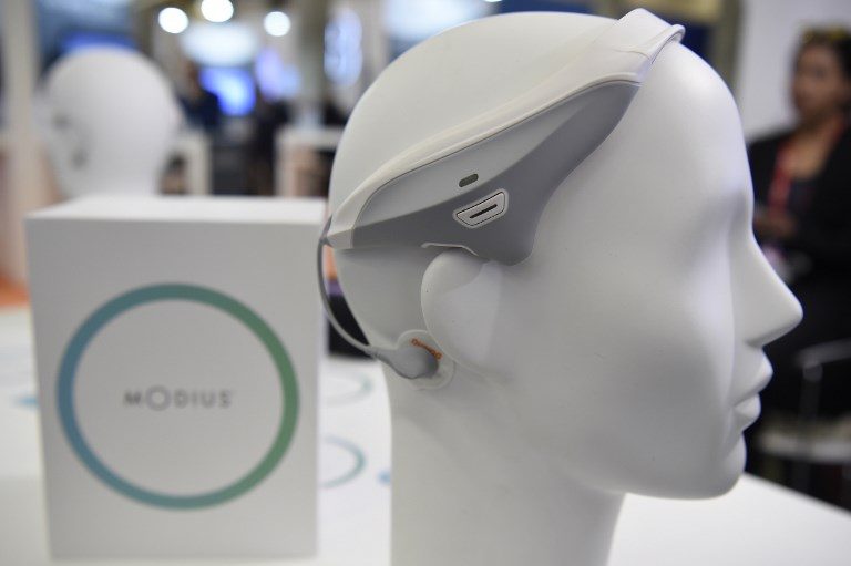 MODIUS. Picture taken of a Modius headset device that stimulates the part of the brain known to control fat storage, metabolism and appetite at the Mobile World Congress (MWC). Photo by Josep Lago/AFP 