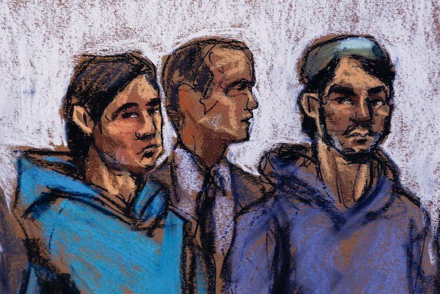 A courtroom sketch shows Akhror Saidakhmetov (L), 19, and Abdurasul Hasanovich Juraboev (R), 24, and court interpreter Akhror Saidakmetov (C) appear in Federal District Courthouse were 3 men who arrested for allegedly providing material support to the group ISIS were arraigned in Brooklyn, New York, USA 25 February 2015. Jane Rosenberg/EPA 