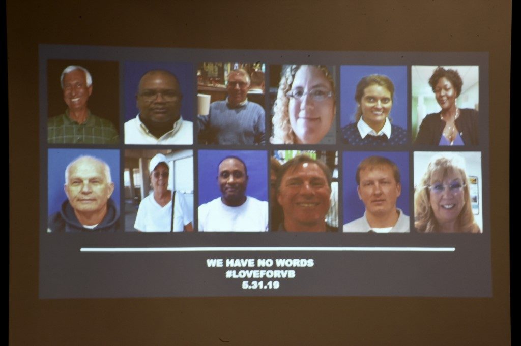 IN MEMORY. A slide of the victims in the May 31, 2019 mass shooting at a Virginia Beach municipal building is shown during a press conference on June 1, 2019. (L-R, top to bottom) Richard Nettleton, Ryan Keith Cox, Christopher Kelly Rapp, Katherine Nixon, Tara Welch Gallagher,
Laquita Brown, Robert Williams, Michelle Langer, Joshua Hardy, Herbert Snelling, Alexander Mikhail Gusev, and Mary Louise Gayle. Photo by Eric Baradat/AFP 