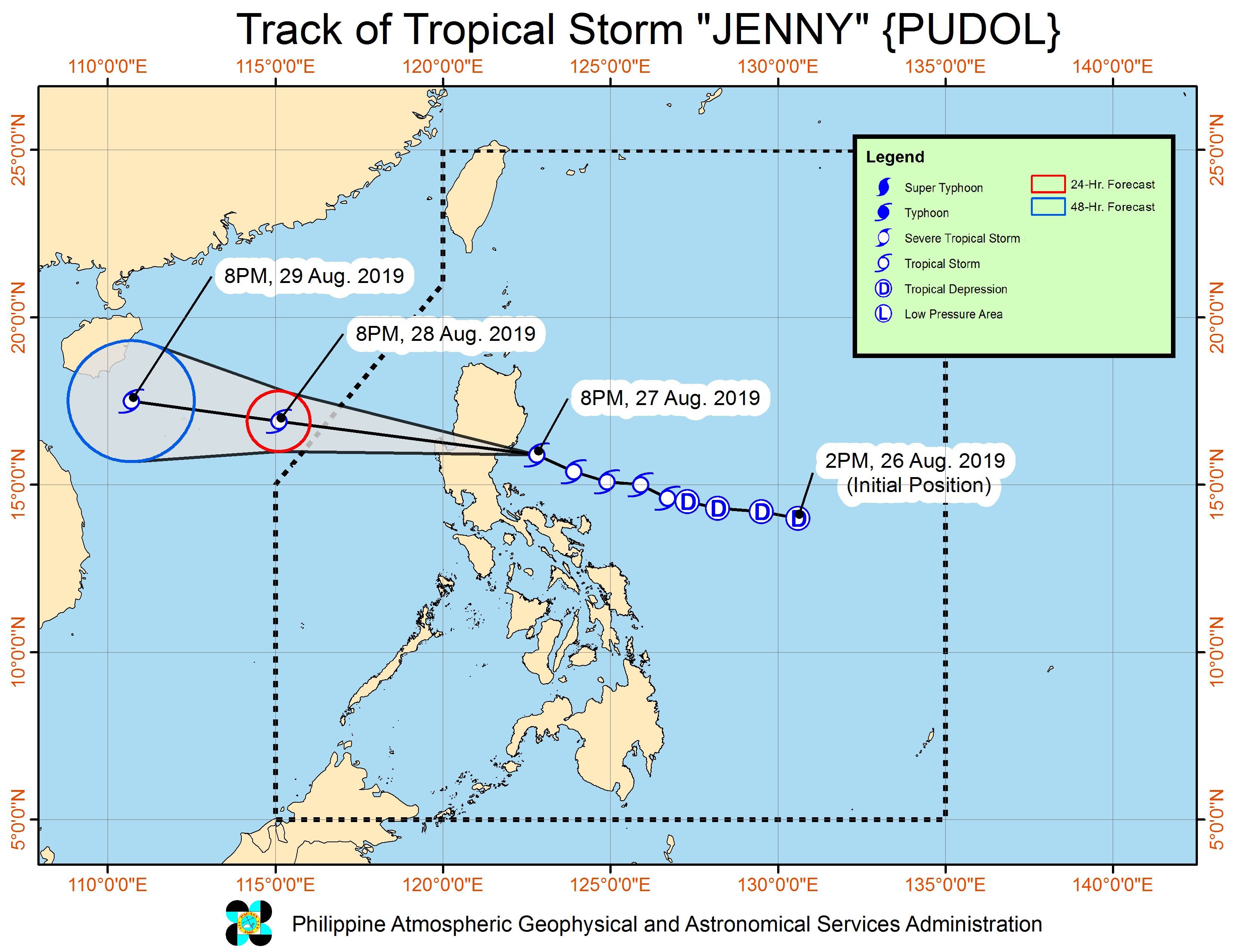 Forecast track of Tropical Storm Jenny (Podul) as of August 27, 2019, 11 pm. Image from PAGASA 