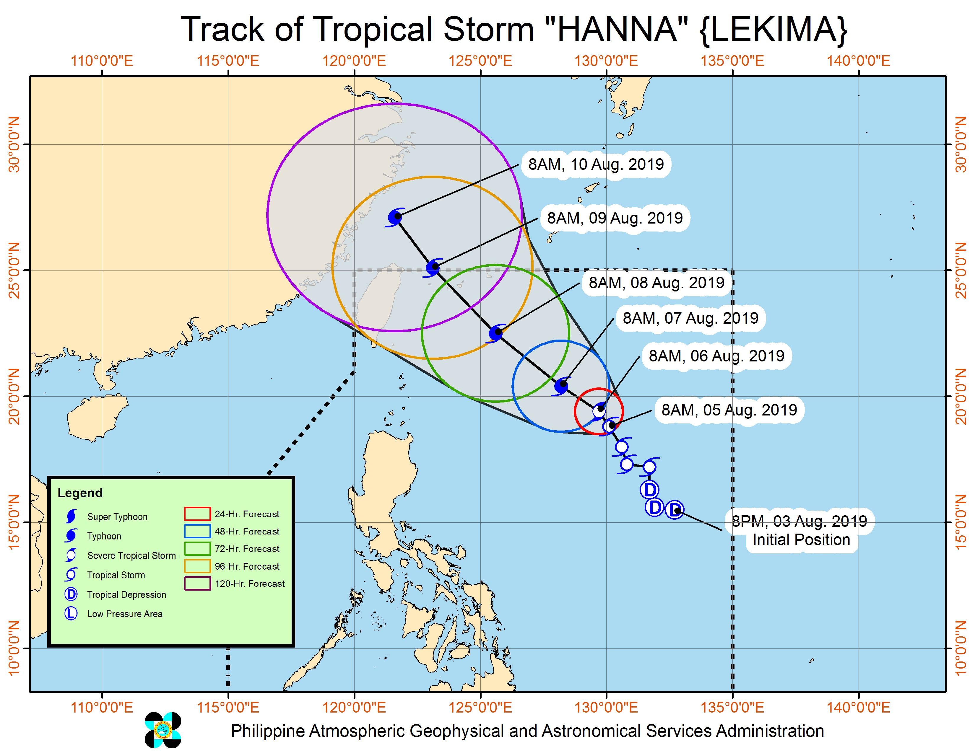 Forecast track of Tropical Storm Hanna (Lekima) as of August 5, 2019, 11 am. Image from PAGASA 