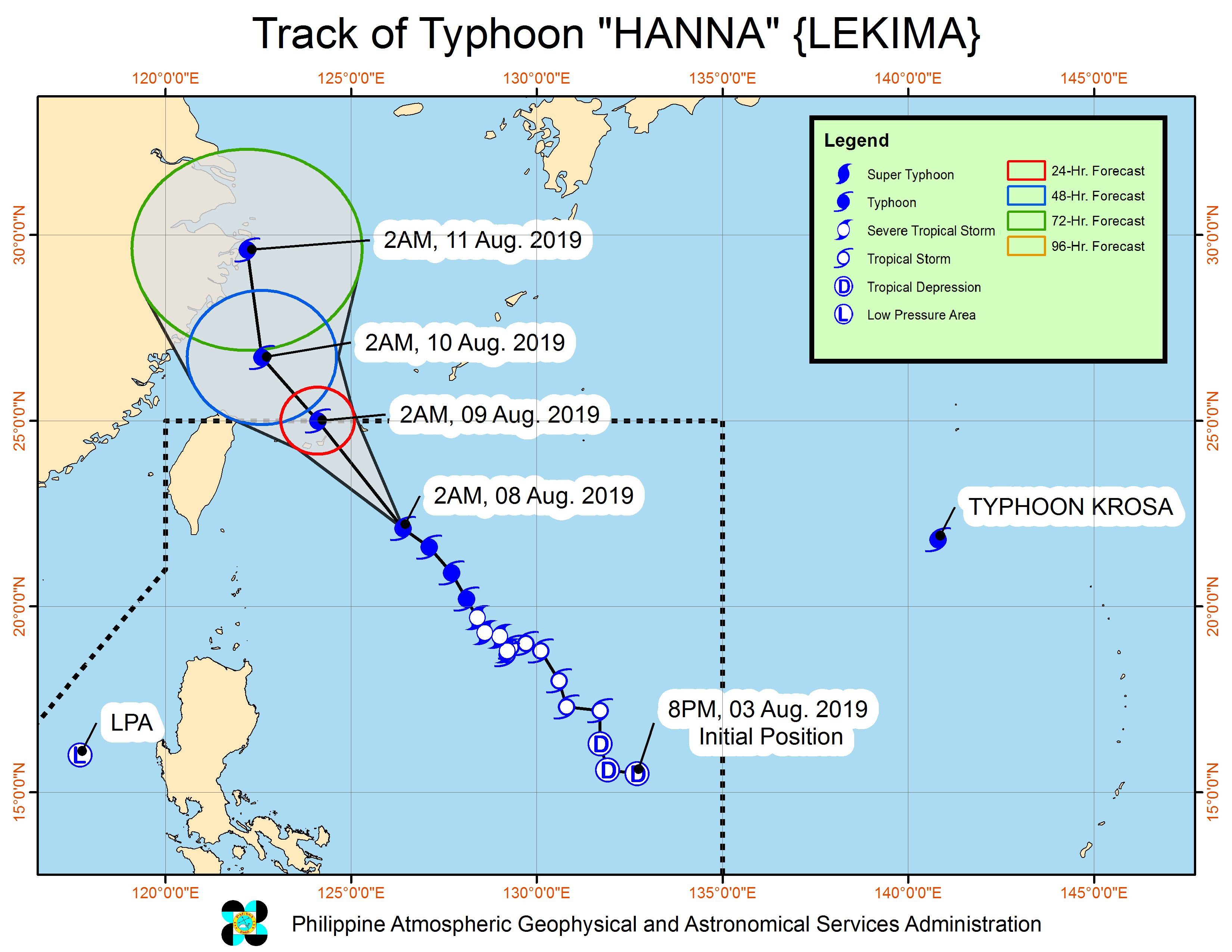 Forecast track of Typhoon Hanna (Lekima) as of August 8, 2019, 5 am. Image from PAGASA 