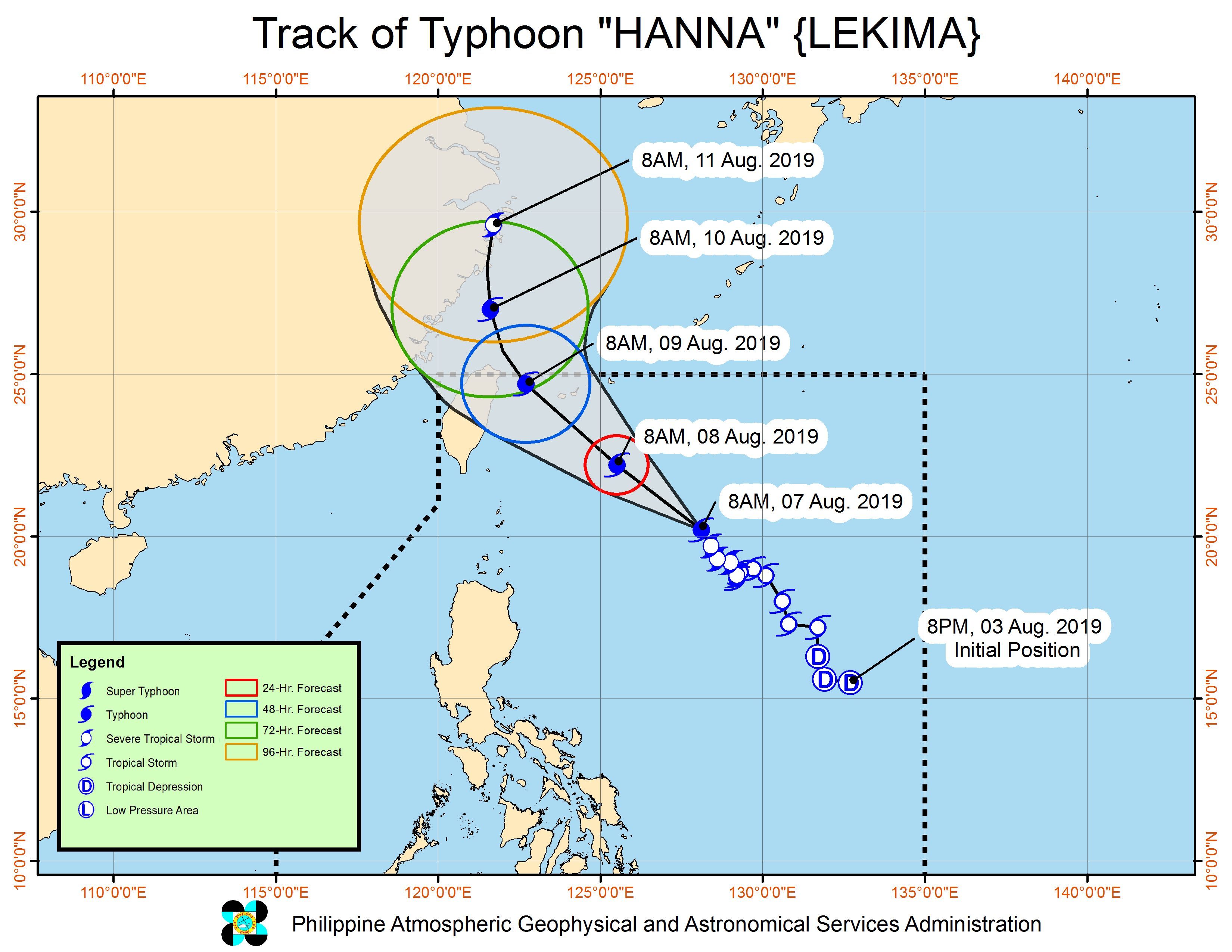 Forecast track of Typhoon Hanna (Lekima) as of August 7, 2019, 11 am. Image from PAGASA 