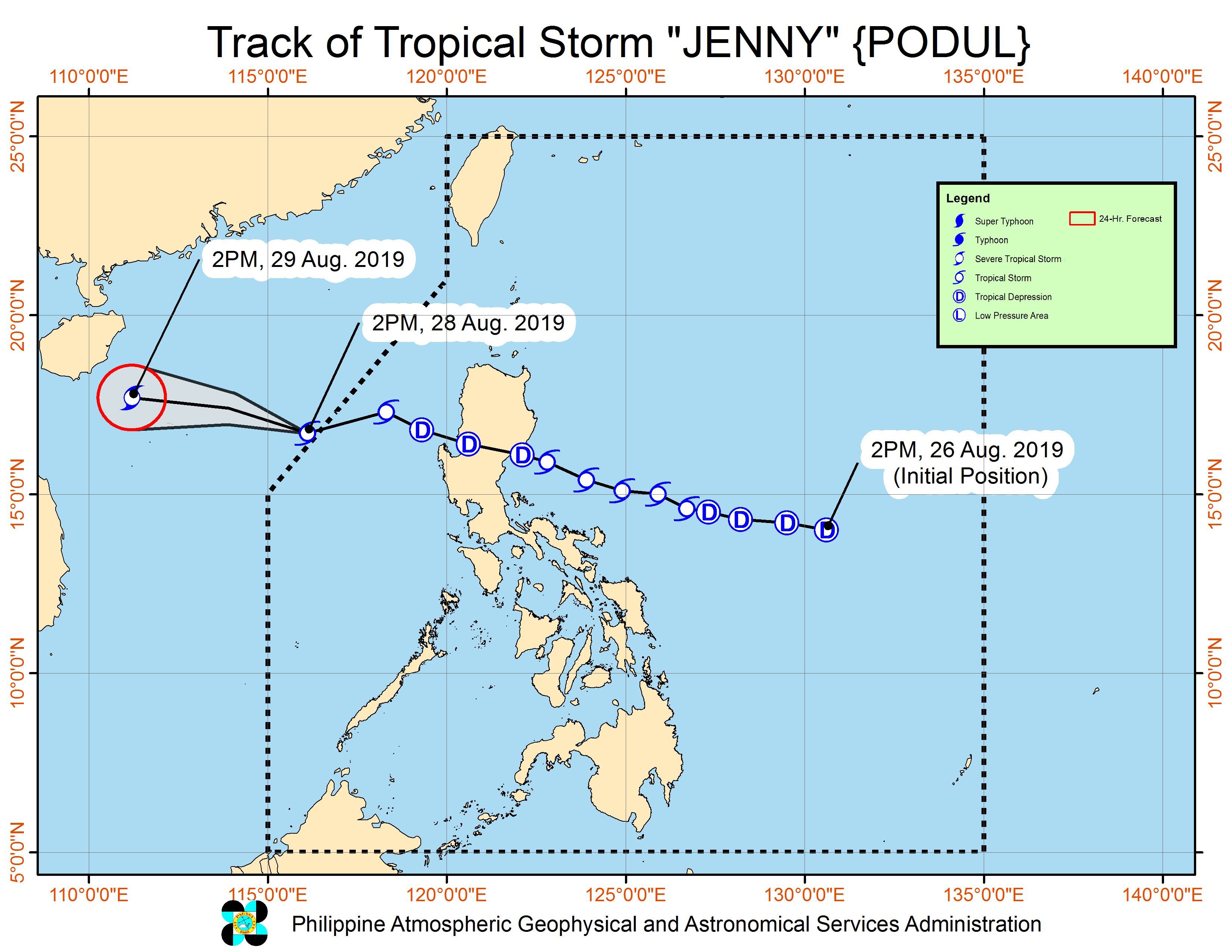 Forecast track of Tropical Storm Jenny (Podul) as of August 28, 2019, 5 pm. Image from PAGASA 