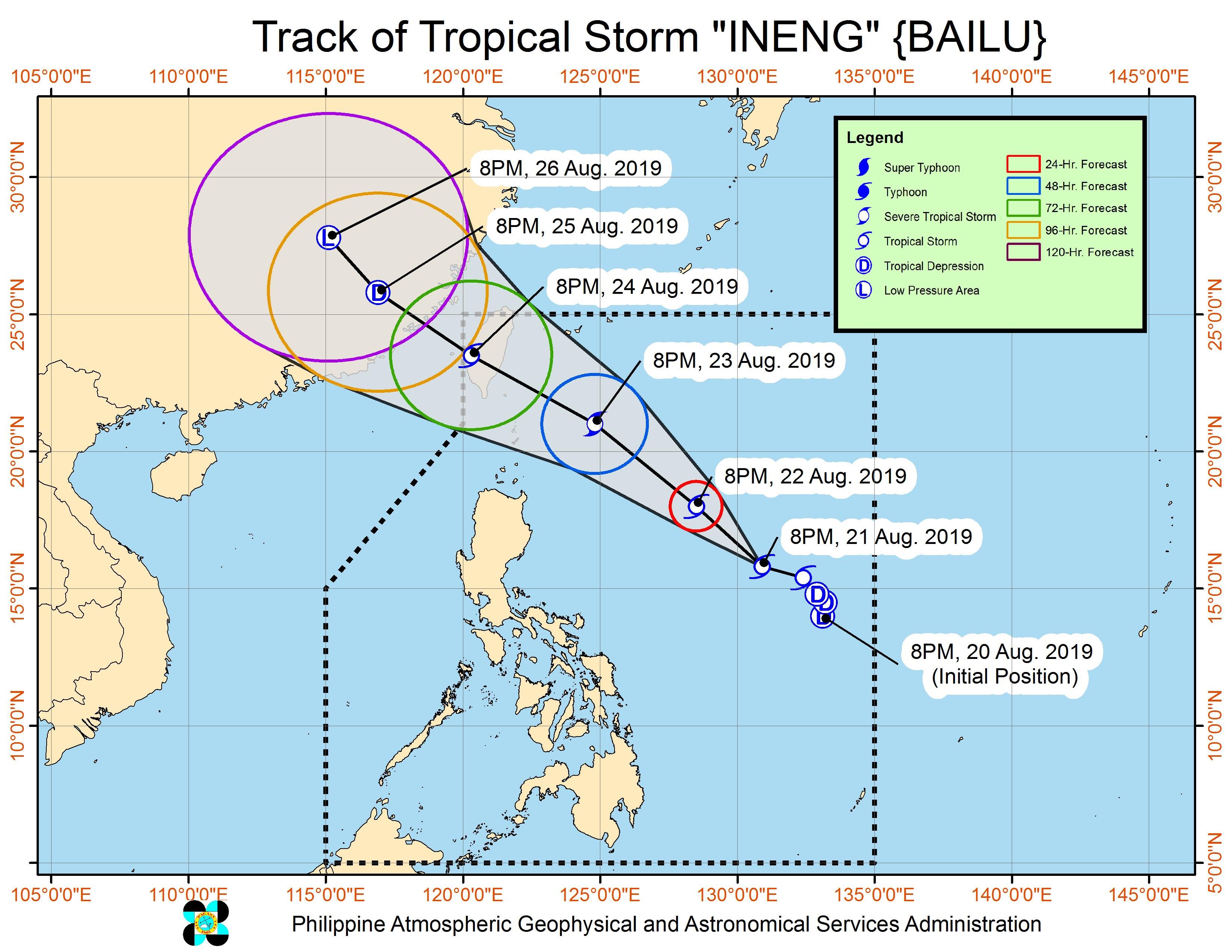 Forecast track of Tropical Storm Ineng (Bailu) as of August 21, 2019, 11 pm. Image from PAGASA 