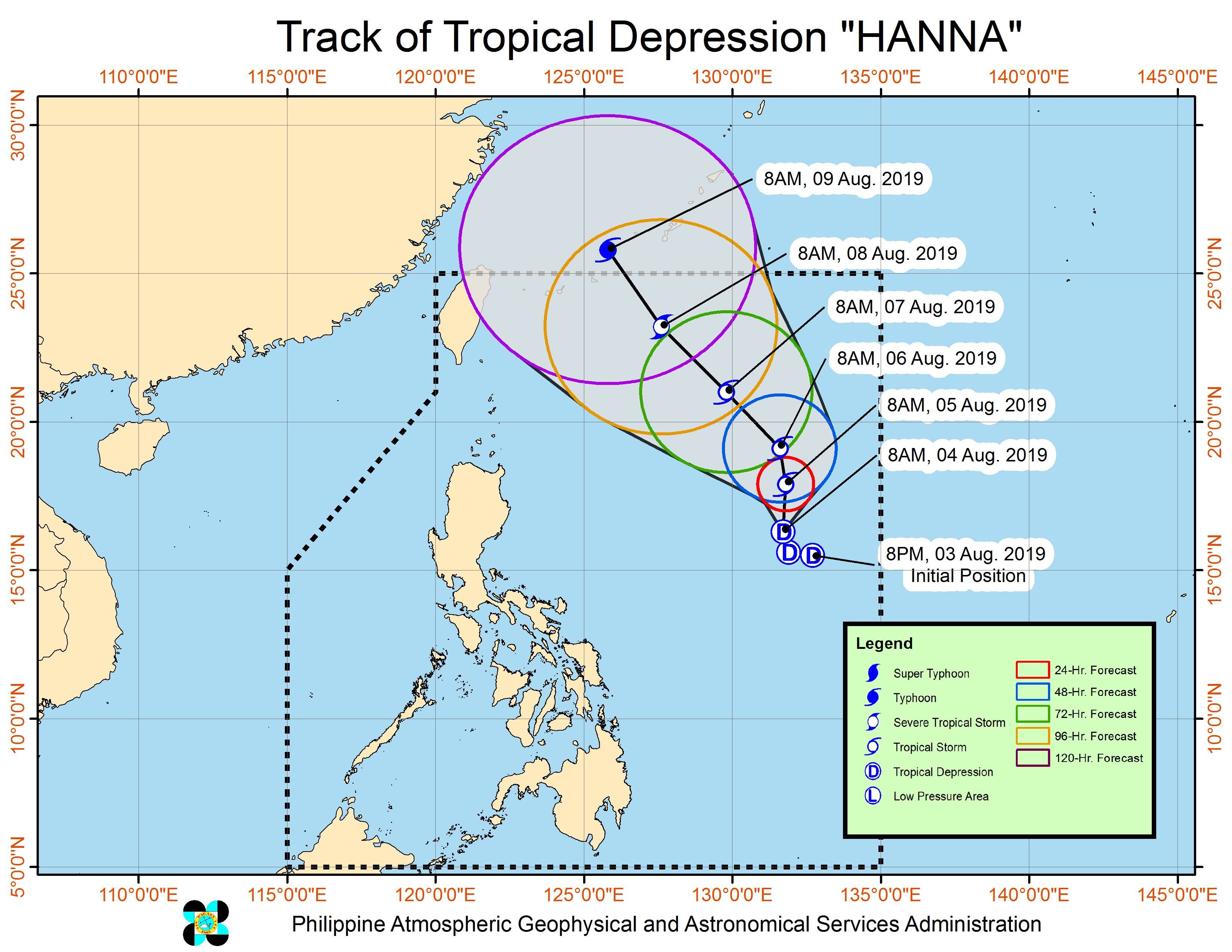 Forecast track of Tropical Depression Hanna as of August 4, 2019, 11 am. Image from PAGASA 