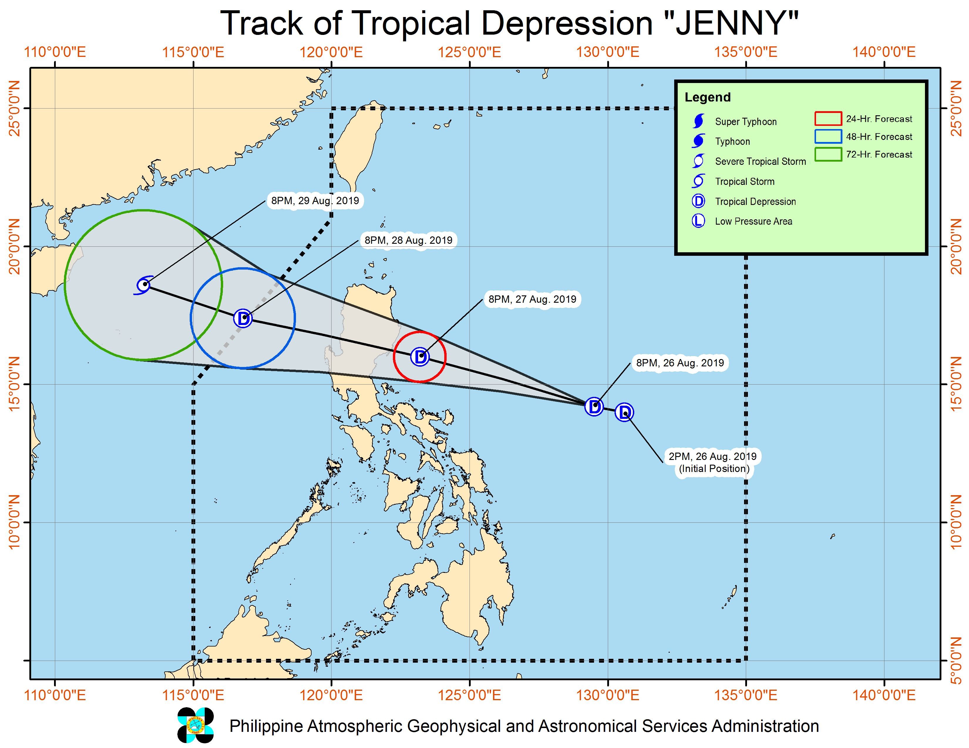 Forecast track of Tropical Depression Jenny as of August 26, 2019, 11 pm. Image from PAGASA 