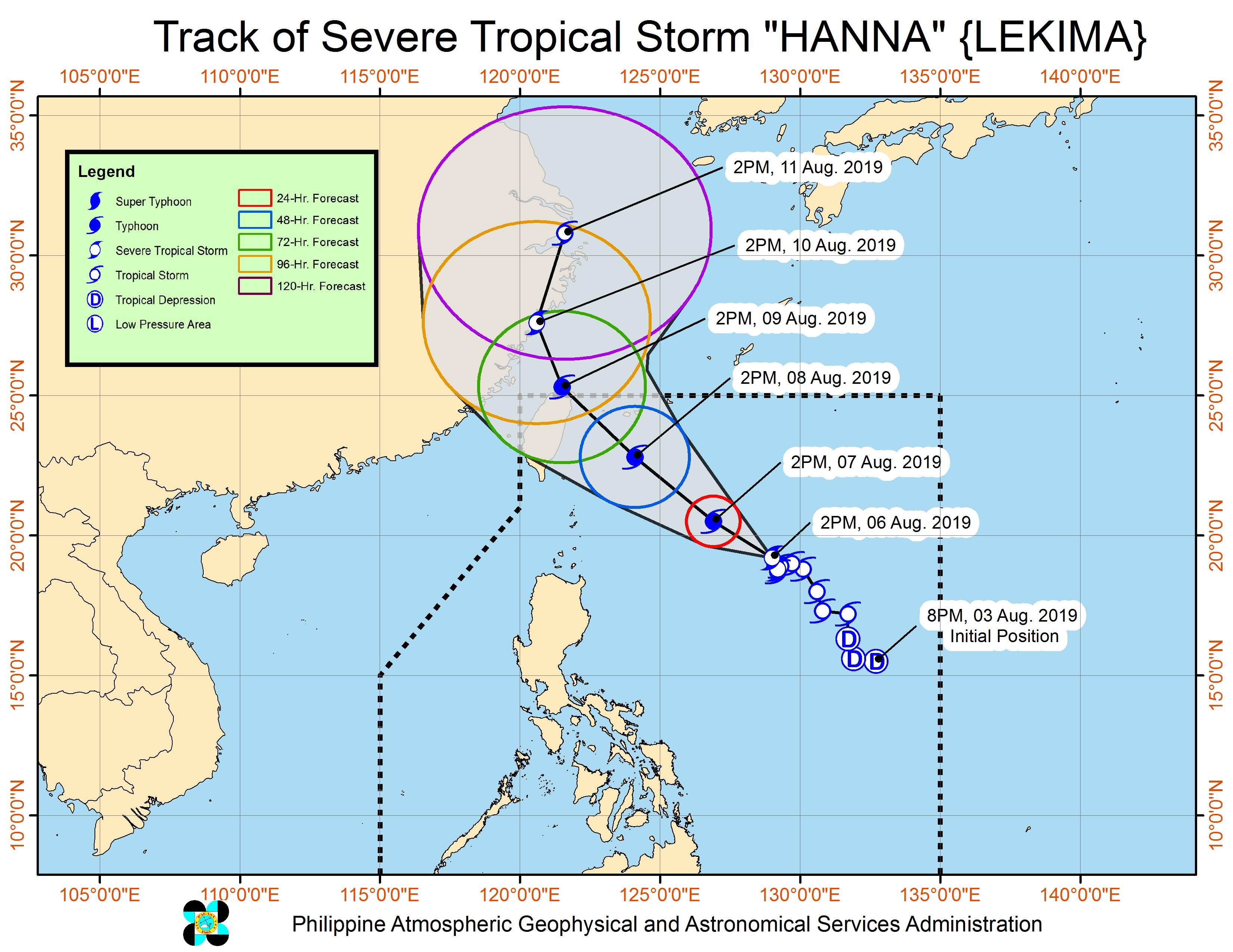 Forecast track of Severe Tropical Storm Hanna (Lekima) as of August 6, 2019, 5 pm. Image from PAGASA 