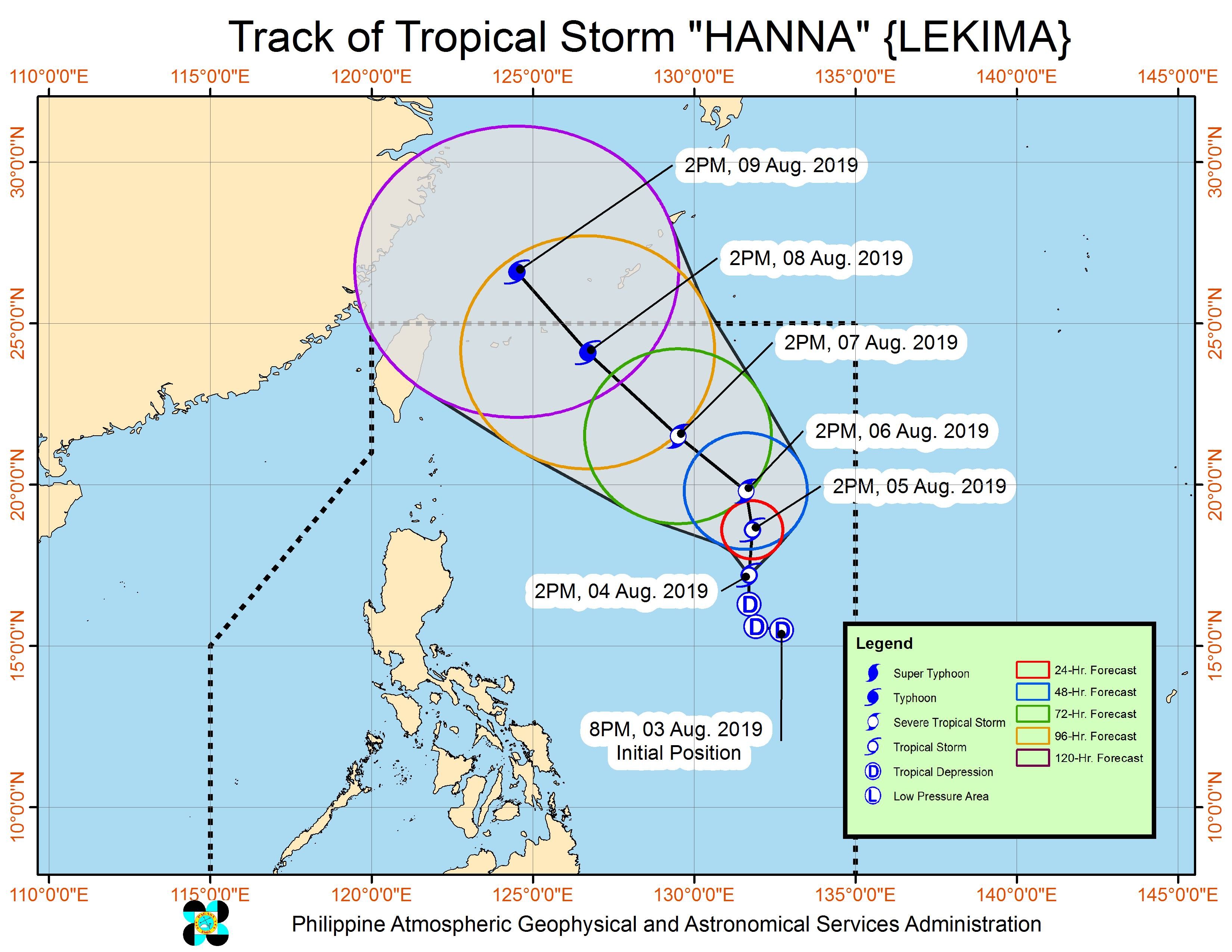 Forecast track of Tropical Storm Hanna (Lekima) as of August 4, 2019, 4 pm. Image from PAGASA 