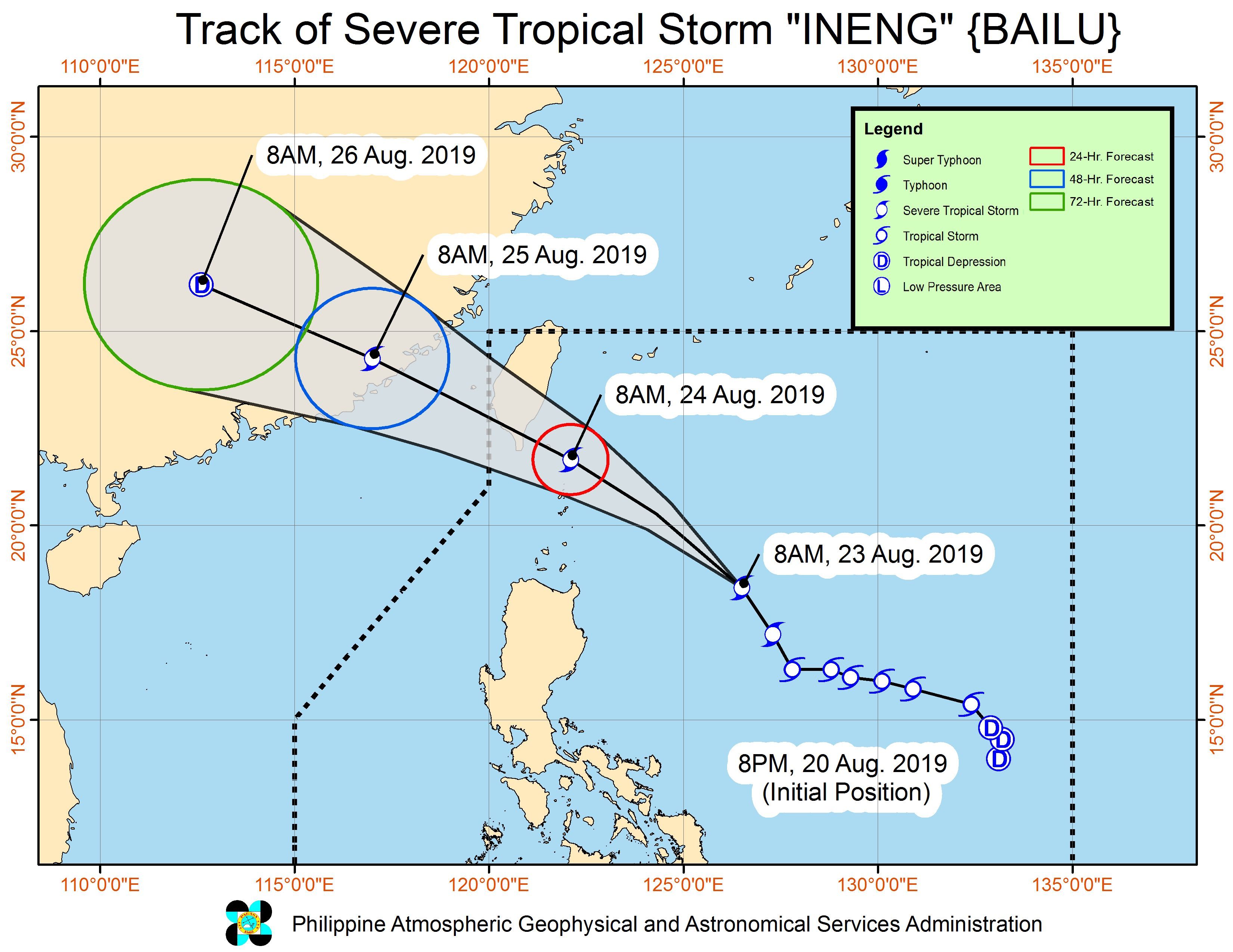 Forecast track of Severe Tropical Storm Ineng (Bailu) as of August 23, 2019, 11 am. Image from PAGASA 