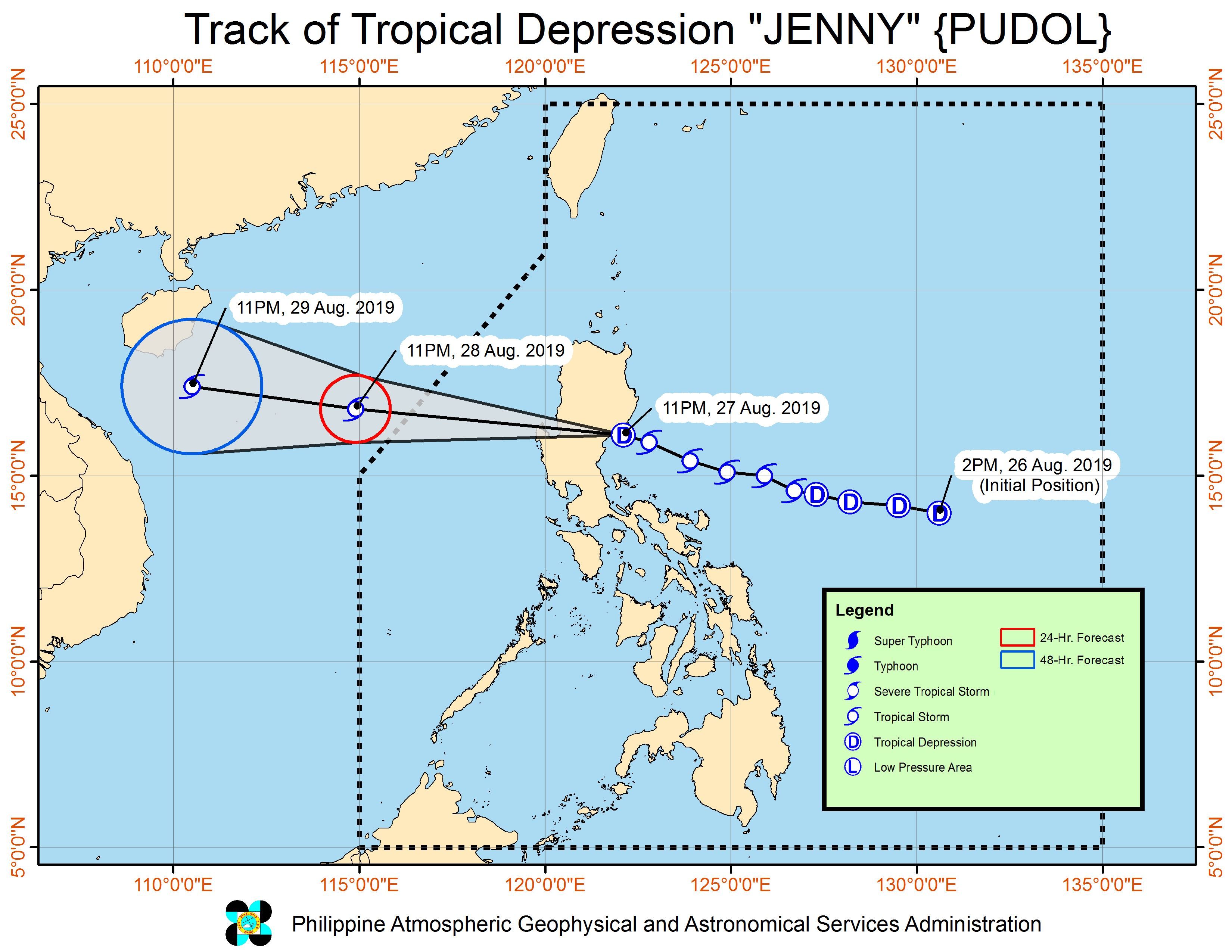 Forecast track of Tropical Depression Jenny (Podul) as of August 28, 2019, 2 am. Image from PAGASA 