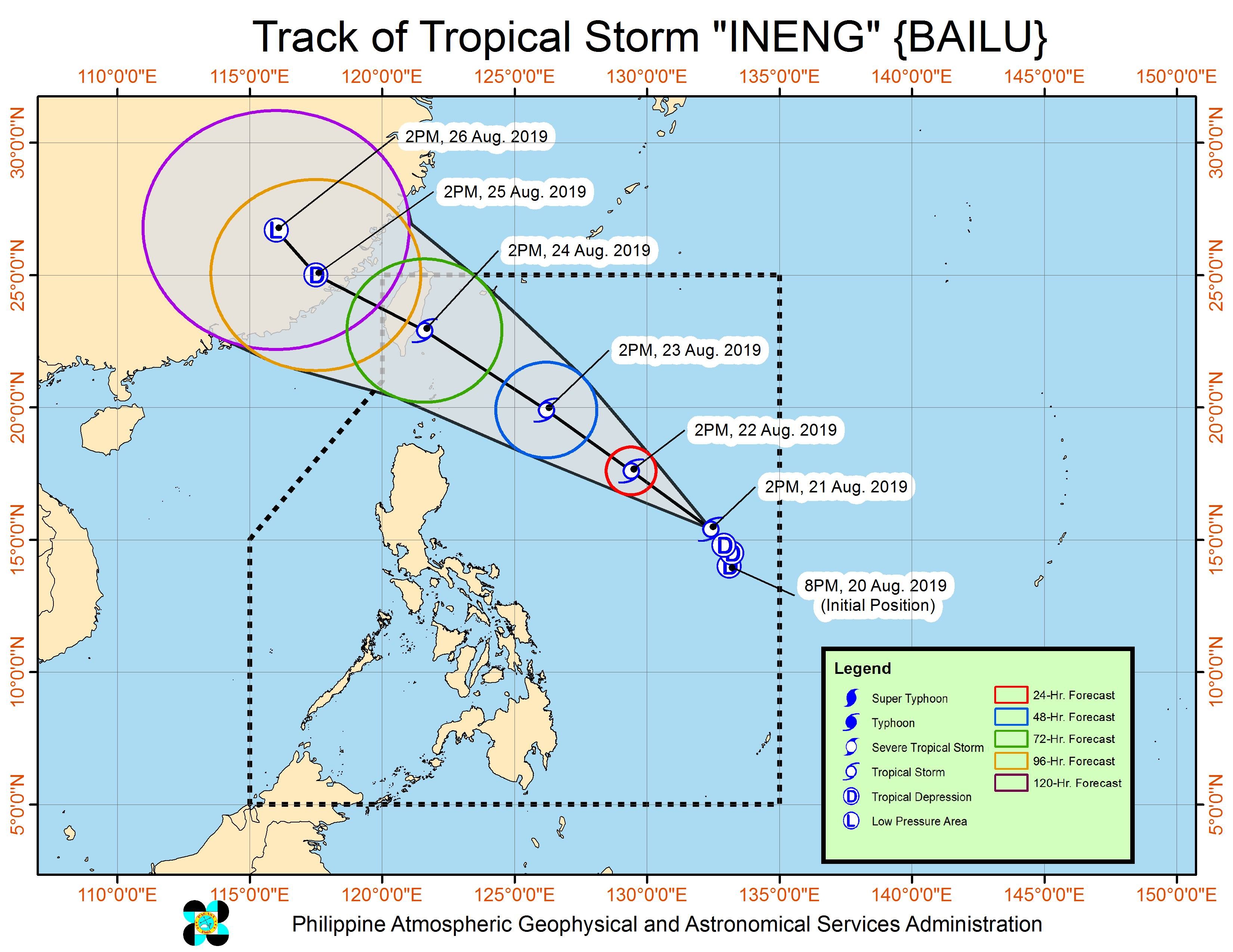 Forecast track of Tropical Storm Ineng (Bailu) as of August 21, 2019, 5 pm. Image from PAGASA 