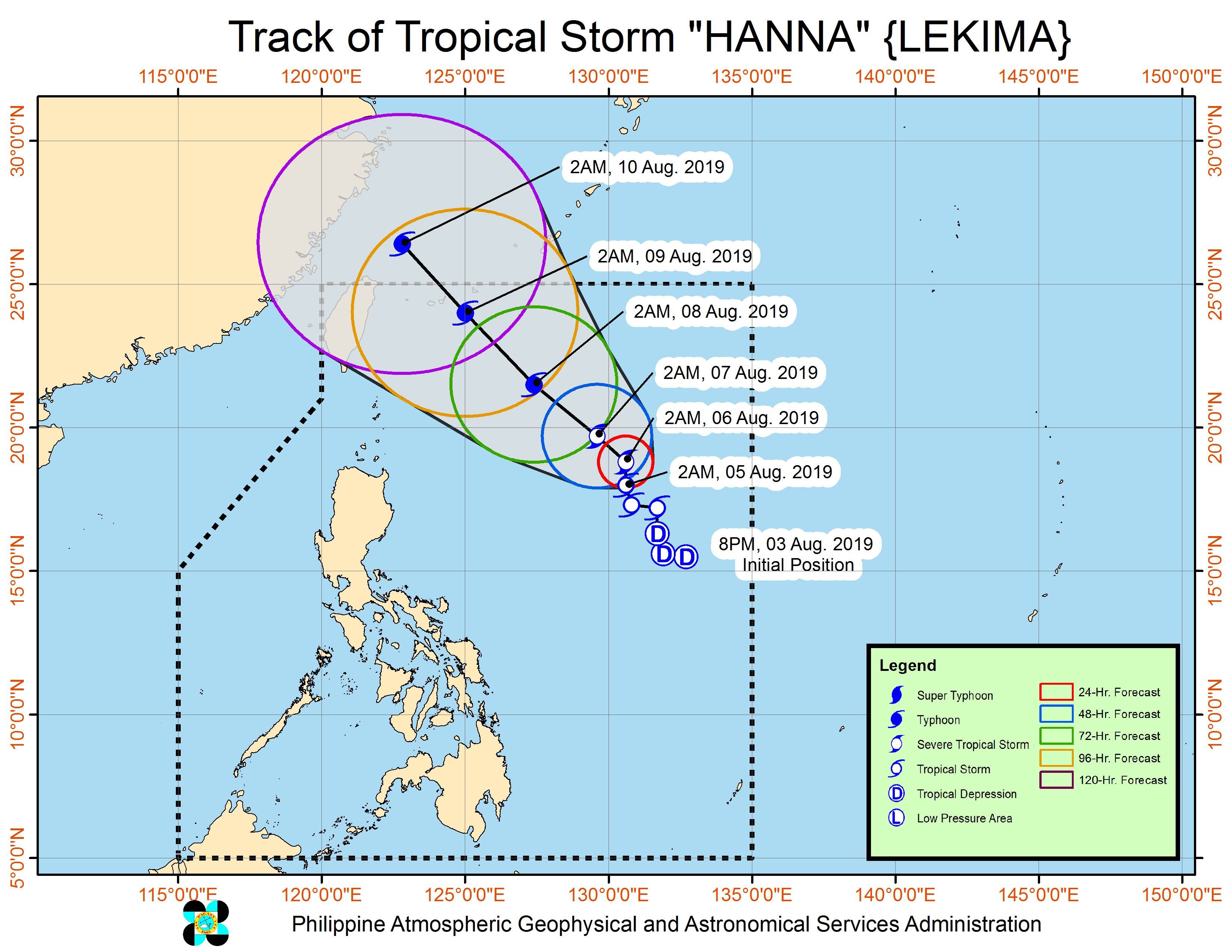 Forecast track of Tropical Storm Hanna (Lekima) as of August 5, 2019, 5 am. Image from PAGASA 