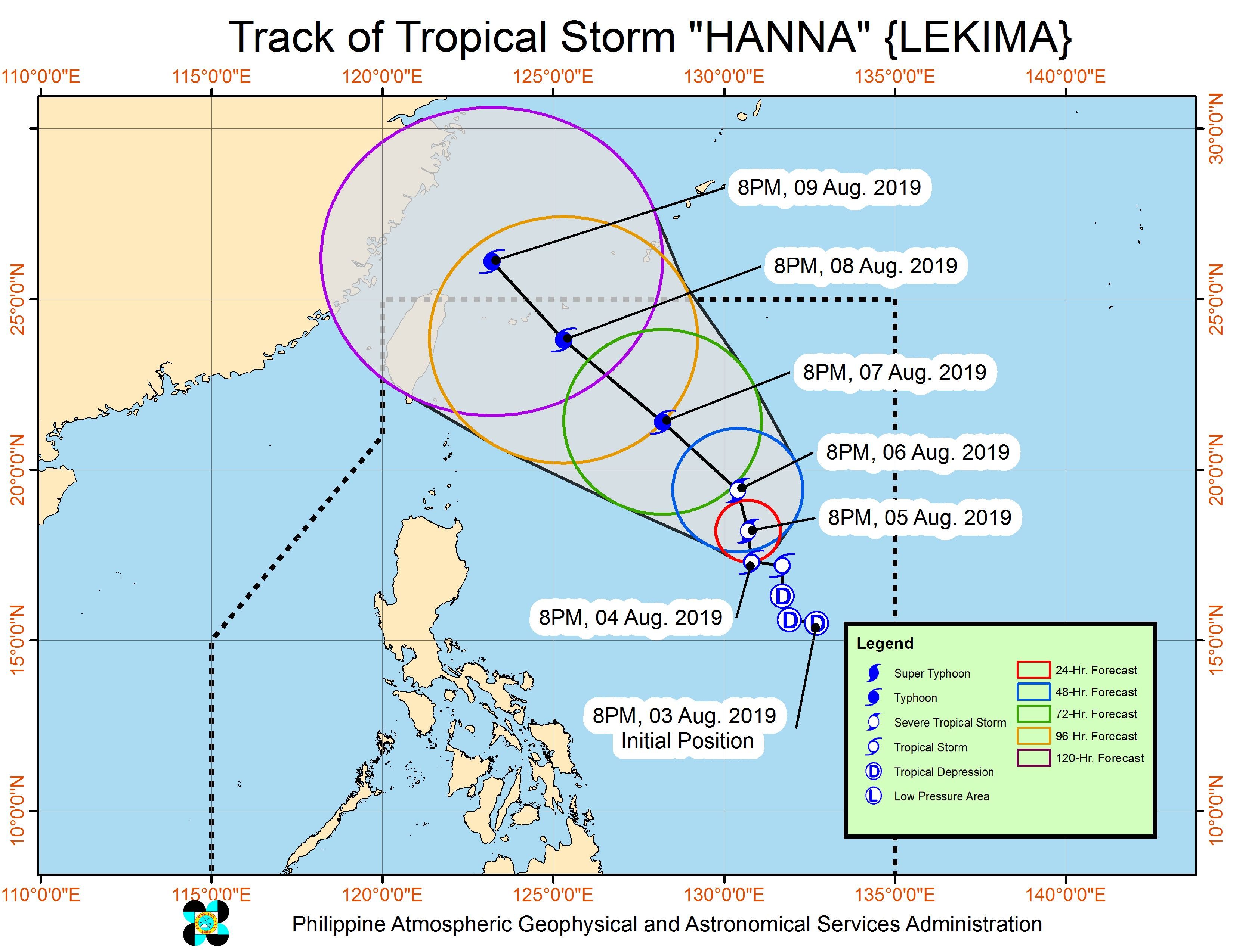 Forecast track of Tropical Storm Hanna (Lekima) as of August 4, 2019, 11 pm. Image from PAGASA 