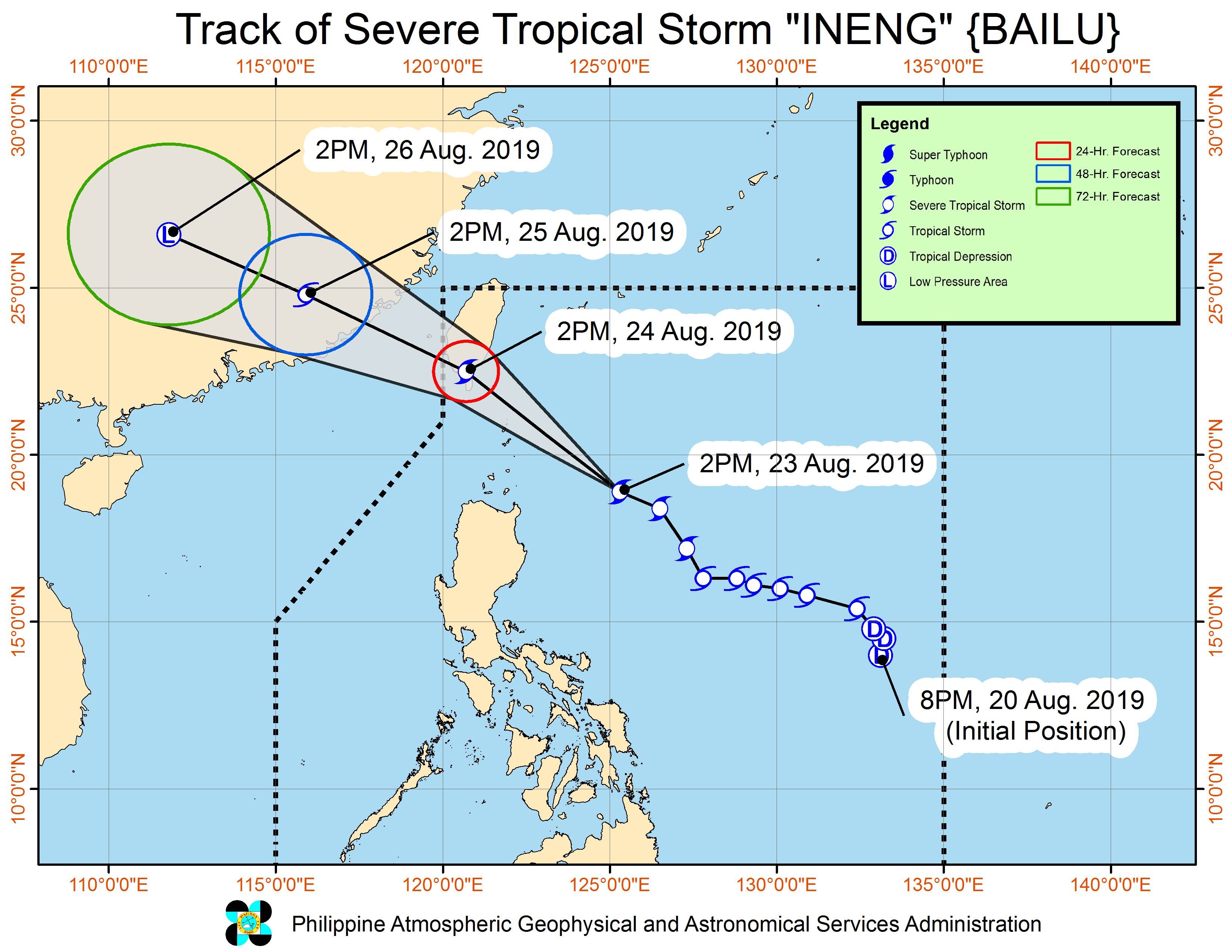 Forecast track of Severe Tropical Storm Ineng (Bailu) as of August 23, 2019, 5 pm. Image from PAGASA 