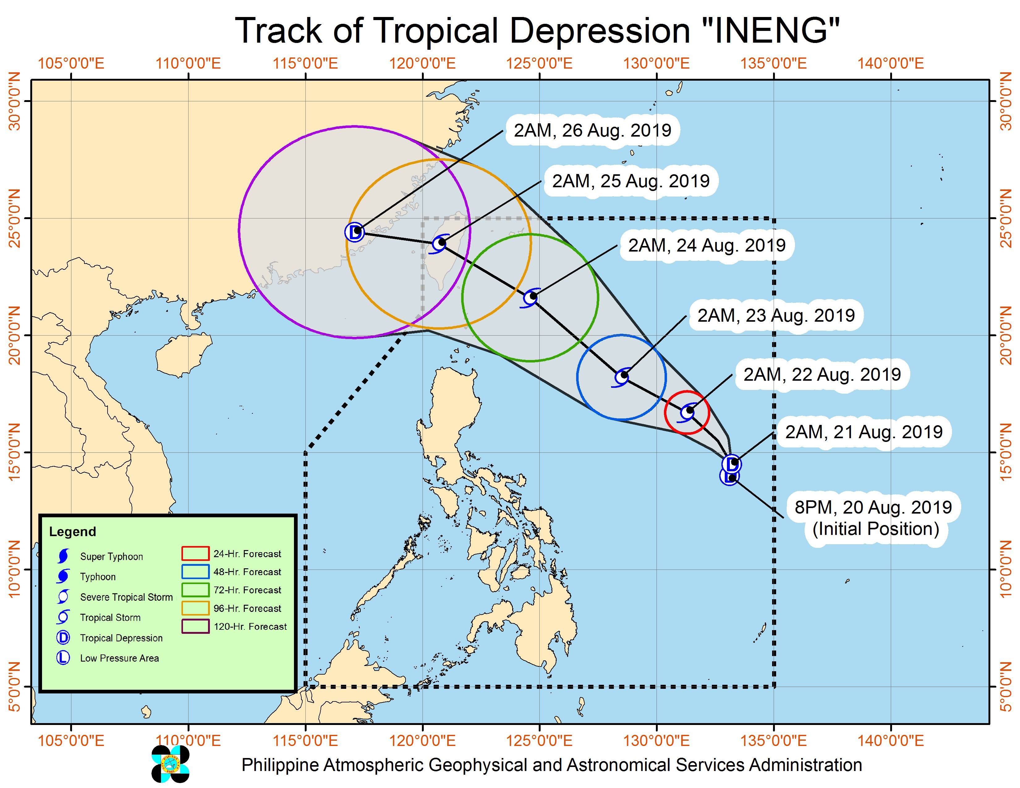 Forecast track of Tropical Depression Ineng as of August 21, 2019, 5 am. Image from PAGASA 