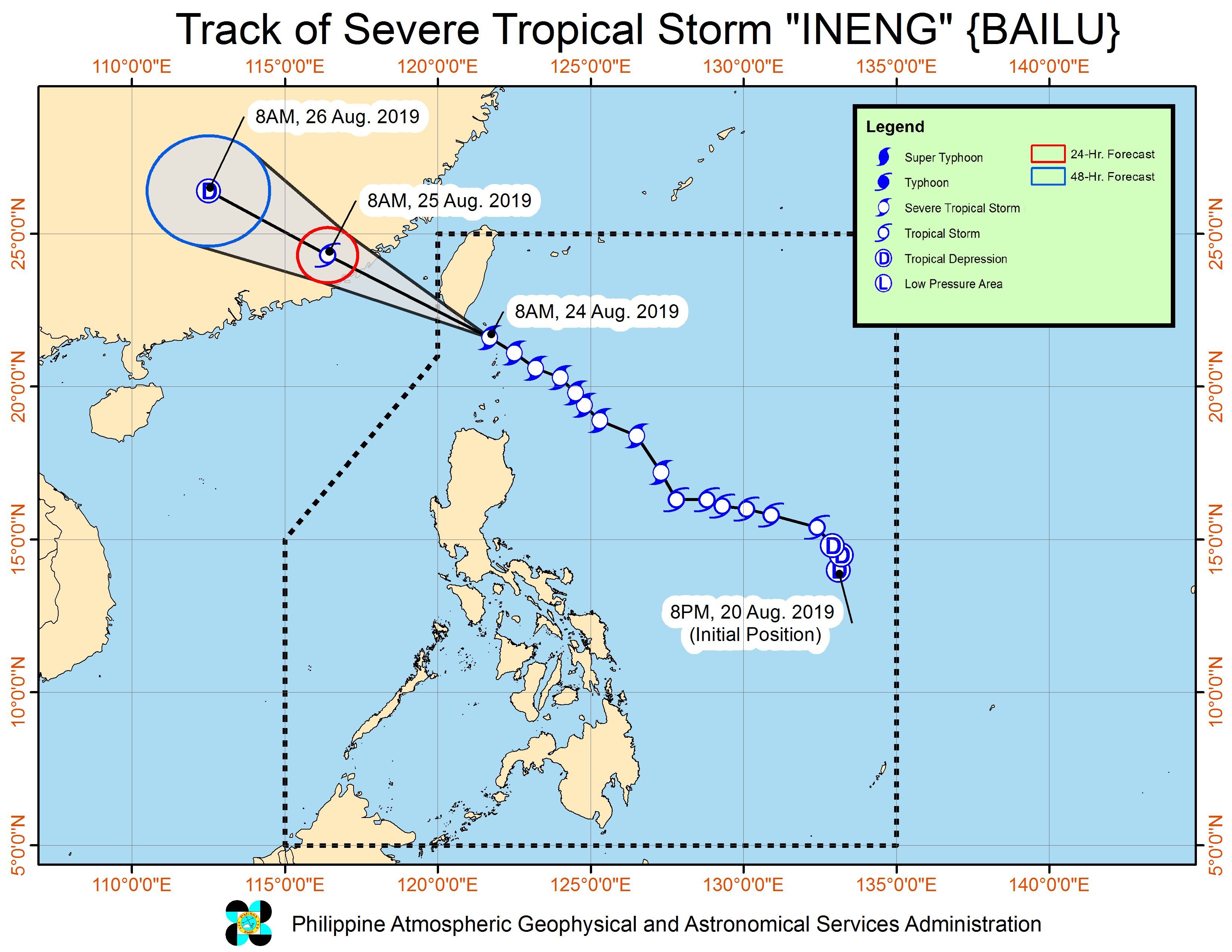 Forecast track of Severe Tropical Storm Ineng (Bailu) as of August 24, 2019, 11 am. Image from PAGASA 