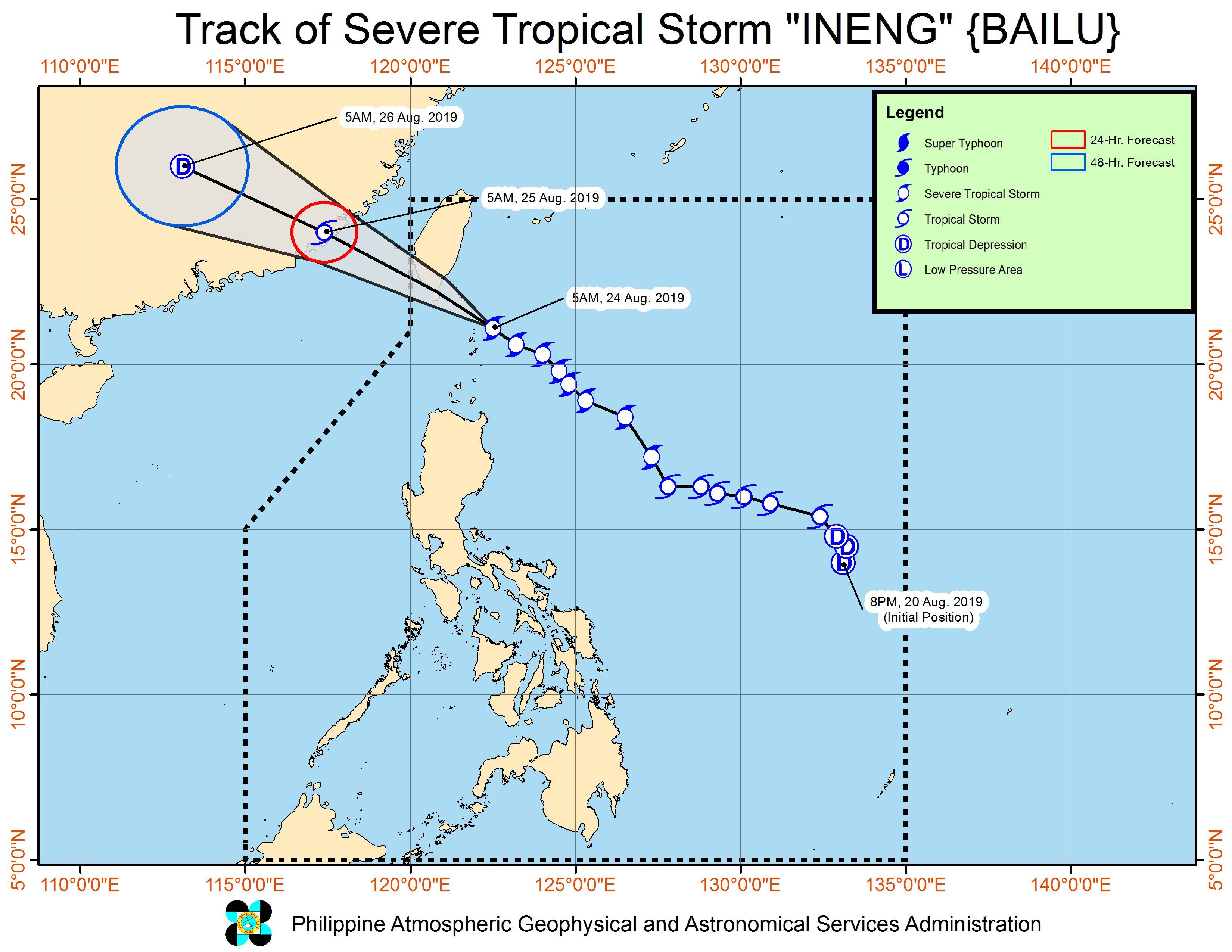 Forecast track of Severe Tropical Storm Ineng (Bailu) as of August 24, 2019, 8 am. Image from PAGASA 