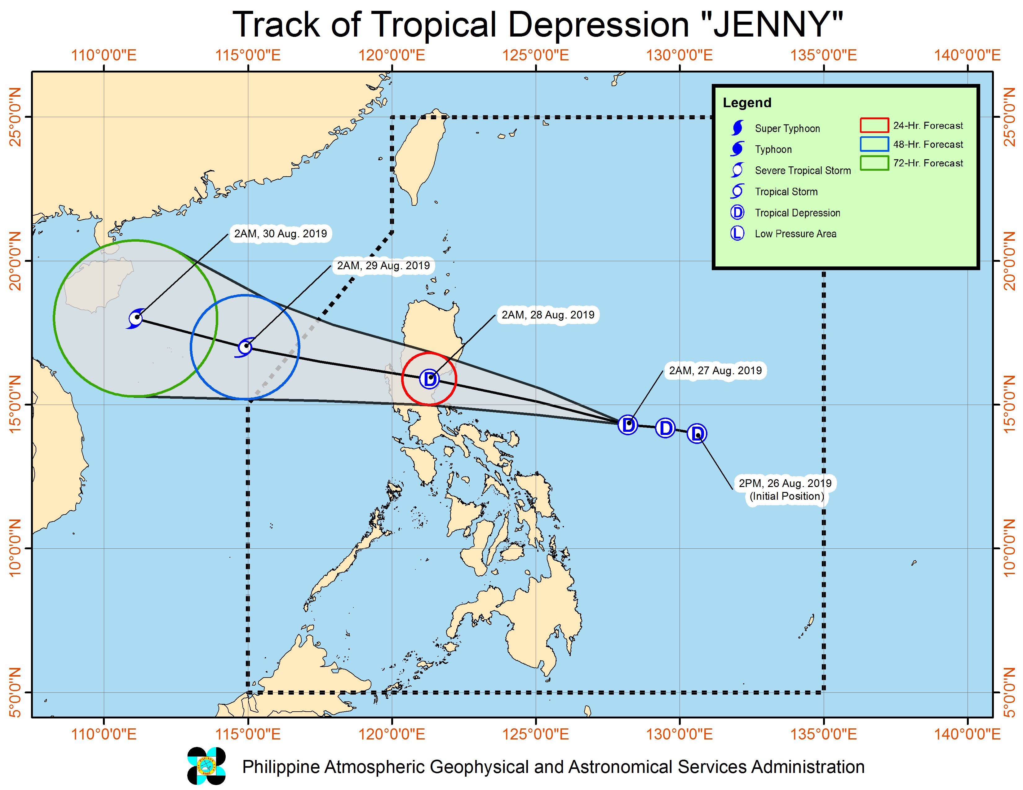 Forecast track of Tropical Depression Jenny as of August 27, 2019, 5 am. Image from PAGASA 