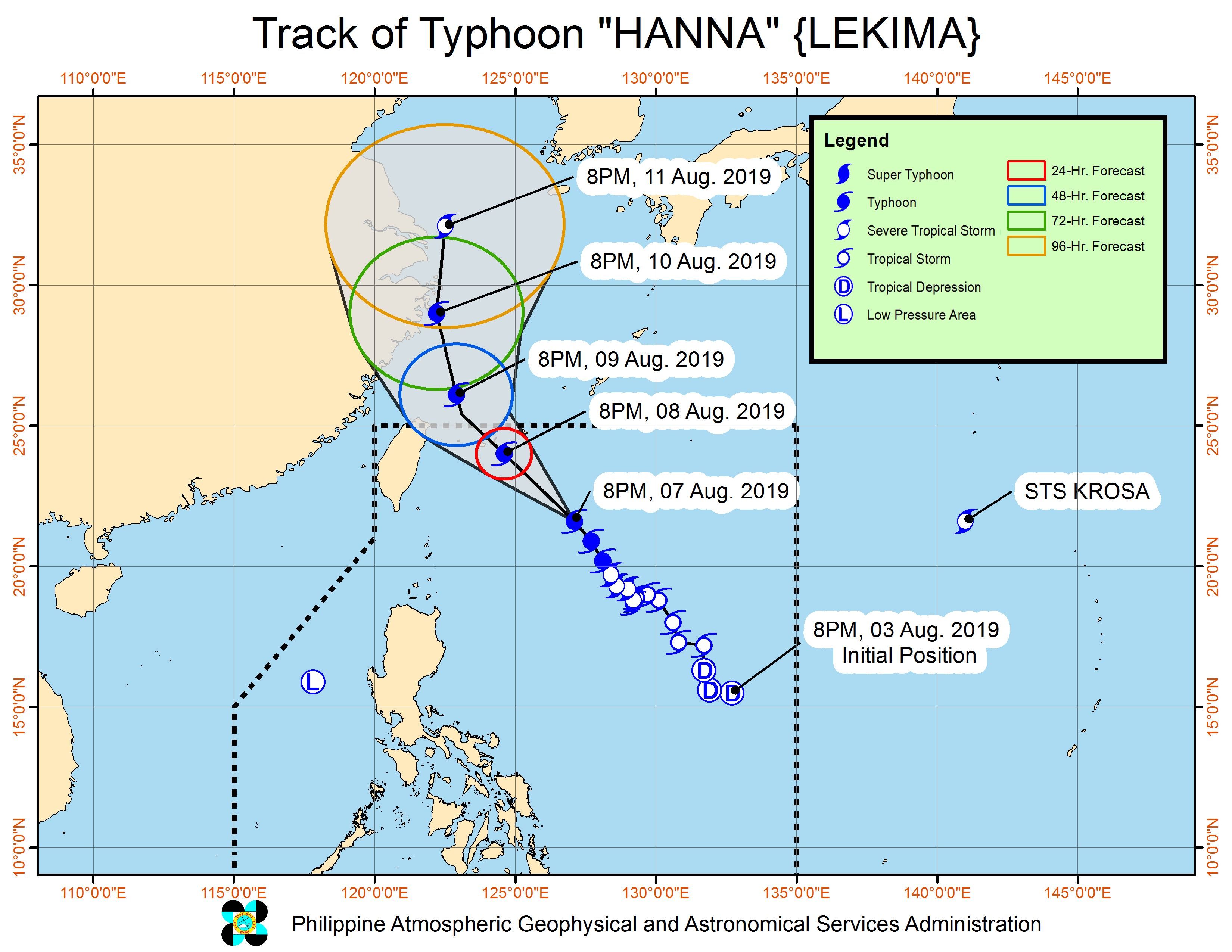 Forecast track of Typhoon Hanna (Lekima) as of August 7, 2019, 11 pm. Image from PAGASA 