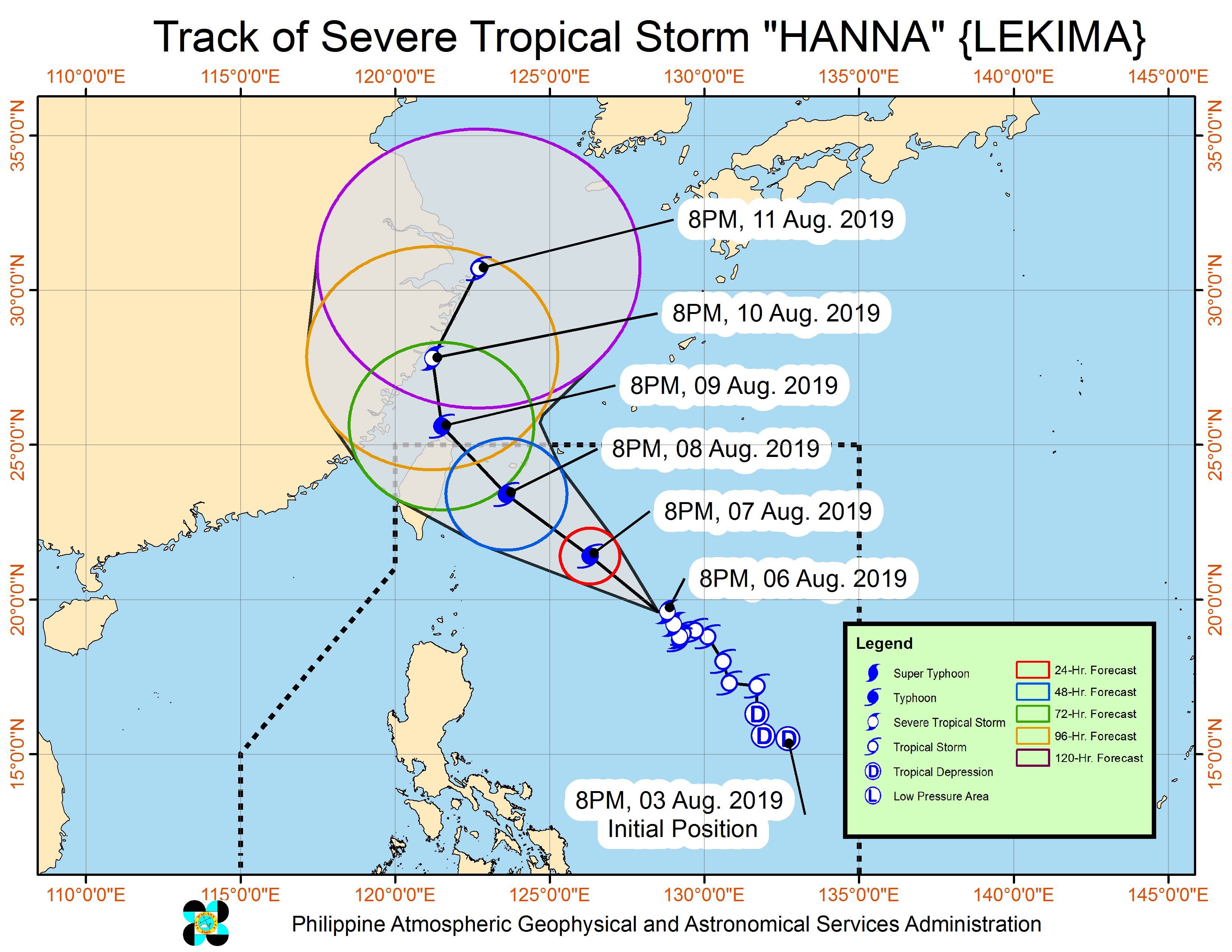 Forecast track of Severe Tropical Storm Hanna (Lekima) as of August 6, 2019, 11 pm. Image from PAGASA 