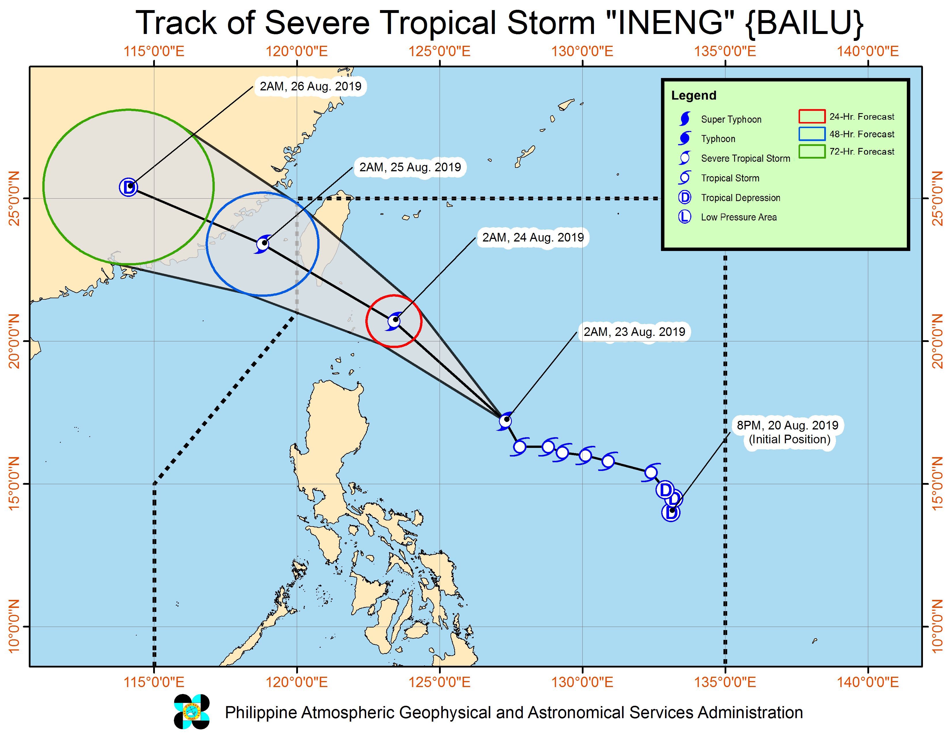 Forecast track of Severe Tropical Storm Ineng (Bailu) as of August 23, 2019, 5 am. Image from PAGASA 