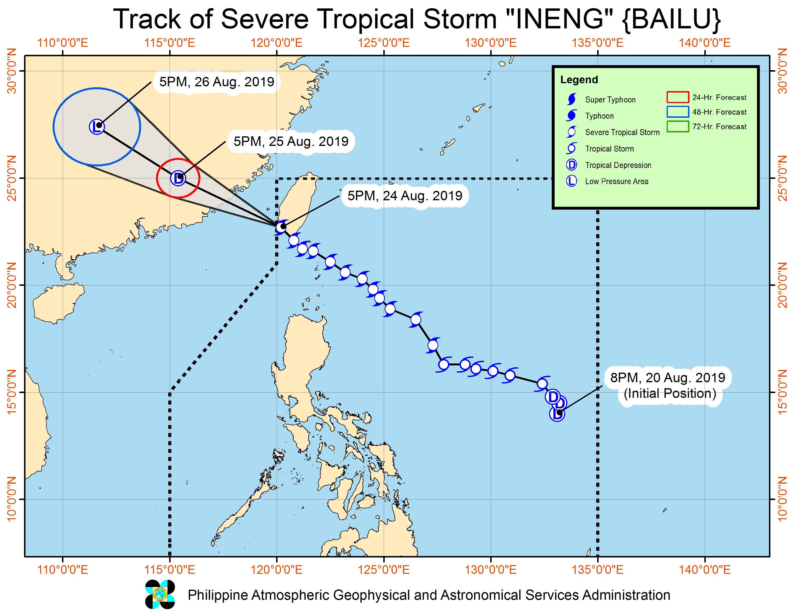 Forecast track of Severe Tropical Storm Ineng (Bailu) as of August 24, 2019, 8 pm. Image from PAGASA 
