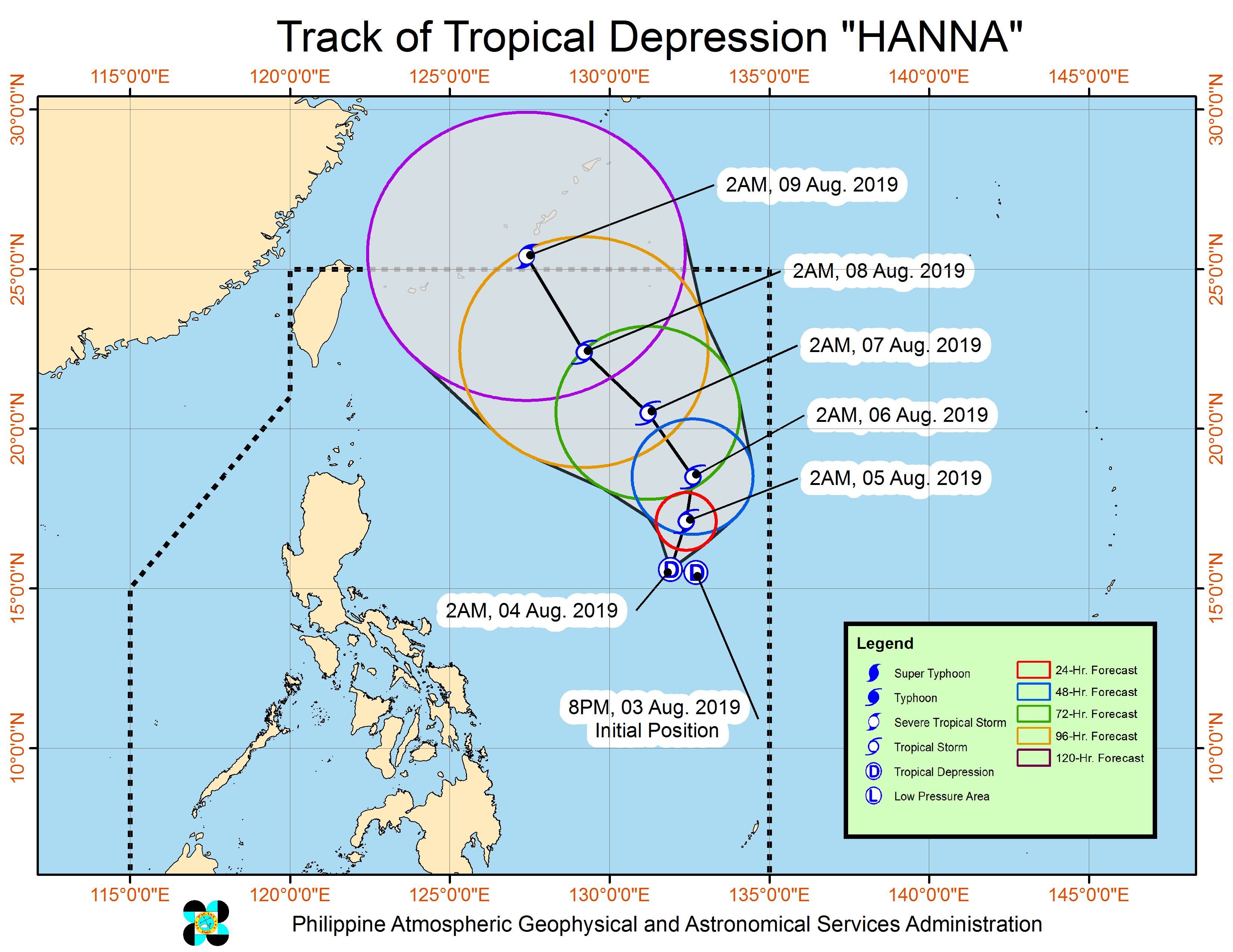 Forecast track of Tropical Depression Hanna as of August 4, 2019, 5 am. Image from PAGASA 