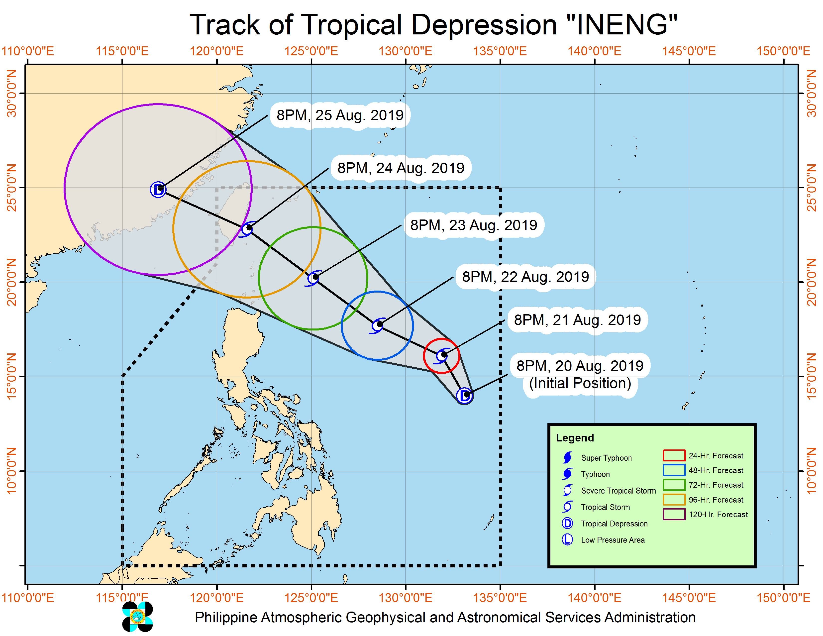 Forecast track of Tropical Depression Ineng as of August 20, 2019, 11 pm. Image from PAGASA 