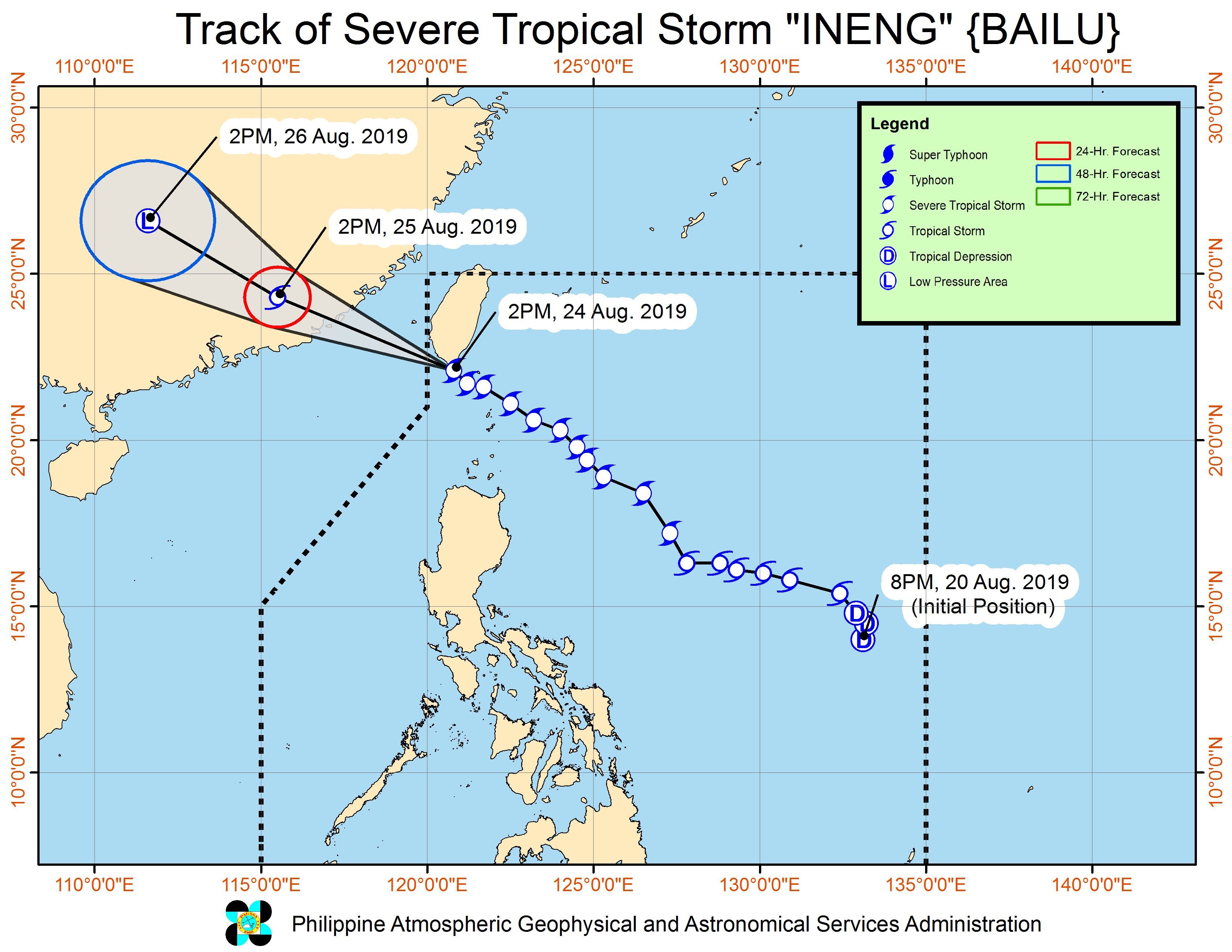 Forecast track of Severe Tropical Storm Ineng (Bailu) as of August 24, 2019, 5 pm. Image from PAGASA 