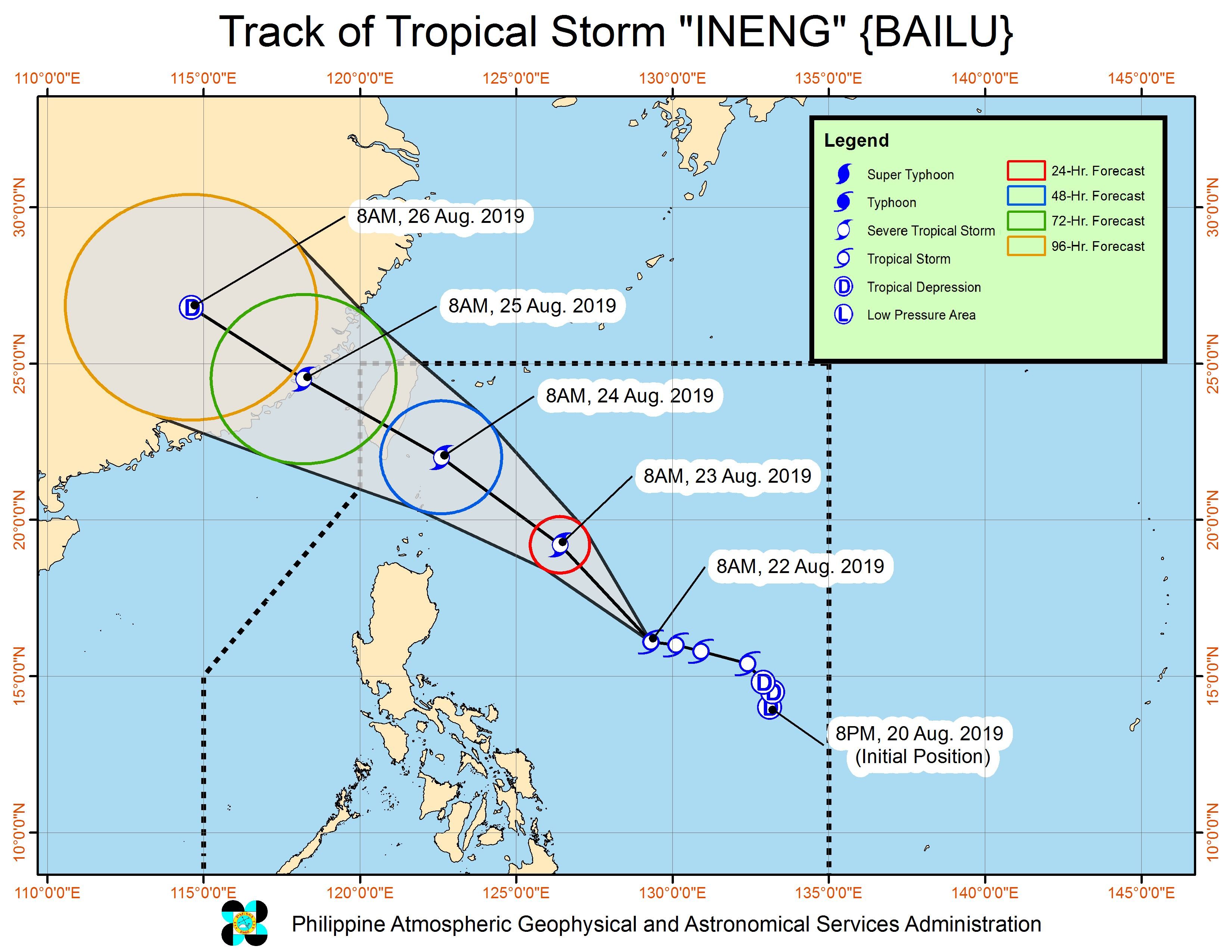Forecast track of Tropical Storm Ineng (Bailu) as of August 22, 2019, 11 am. Image from PAGASA 
