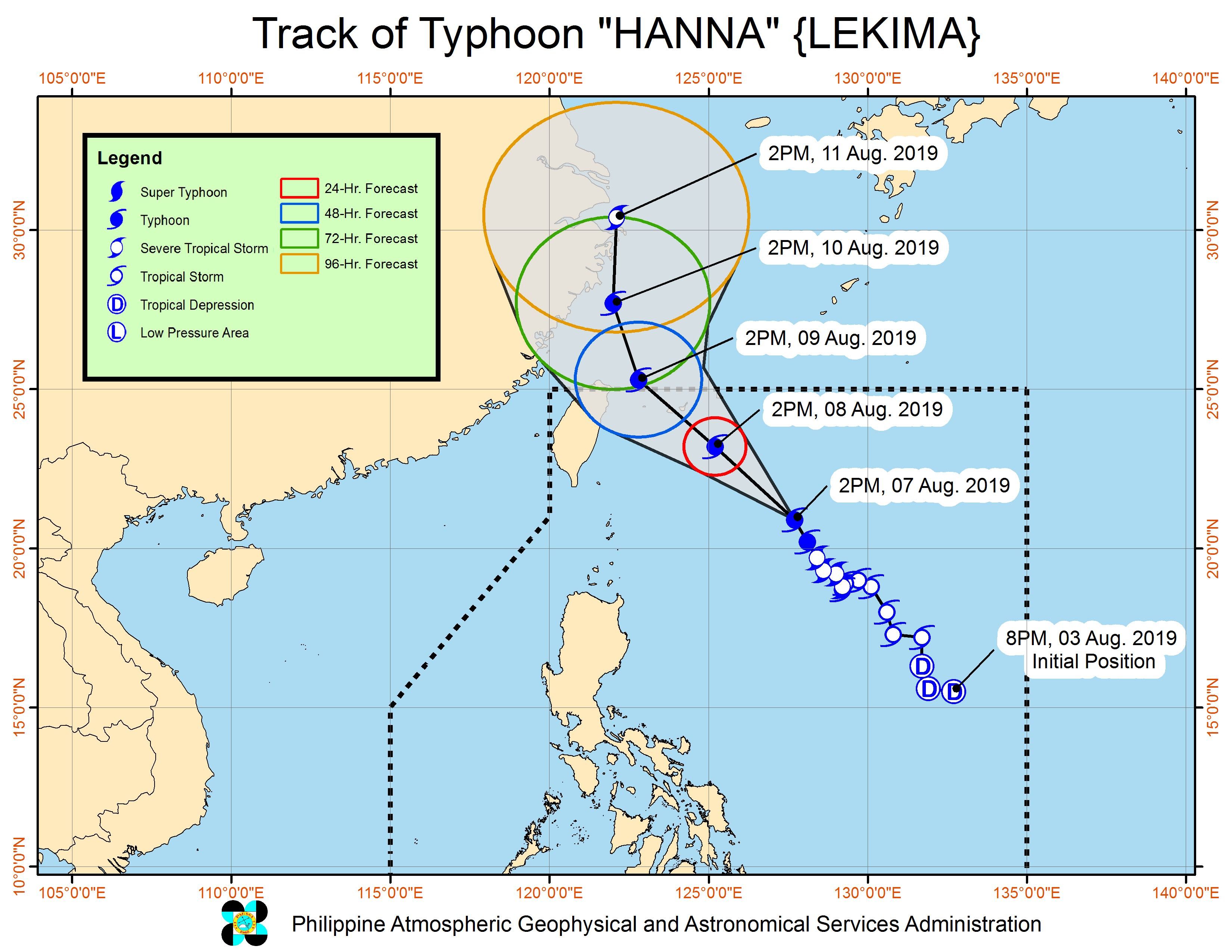 Forecast track of Typhoon Hanna (Lekima) as of August 7, 2019, 5 pm. Image from PAGASA 