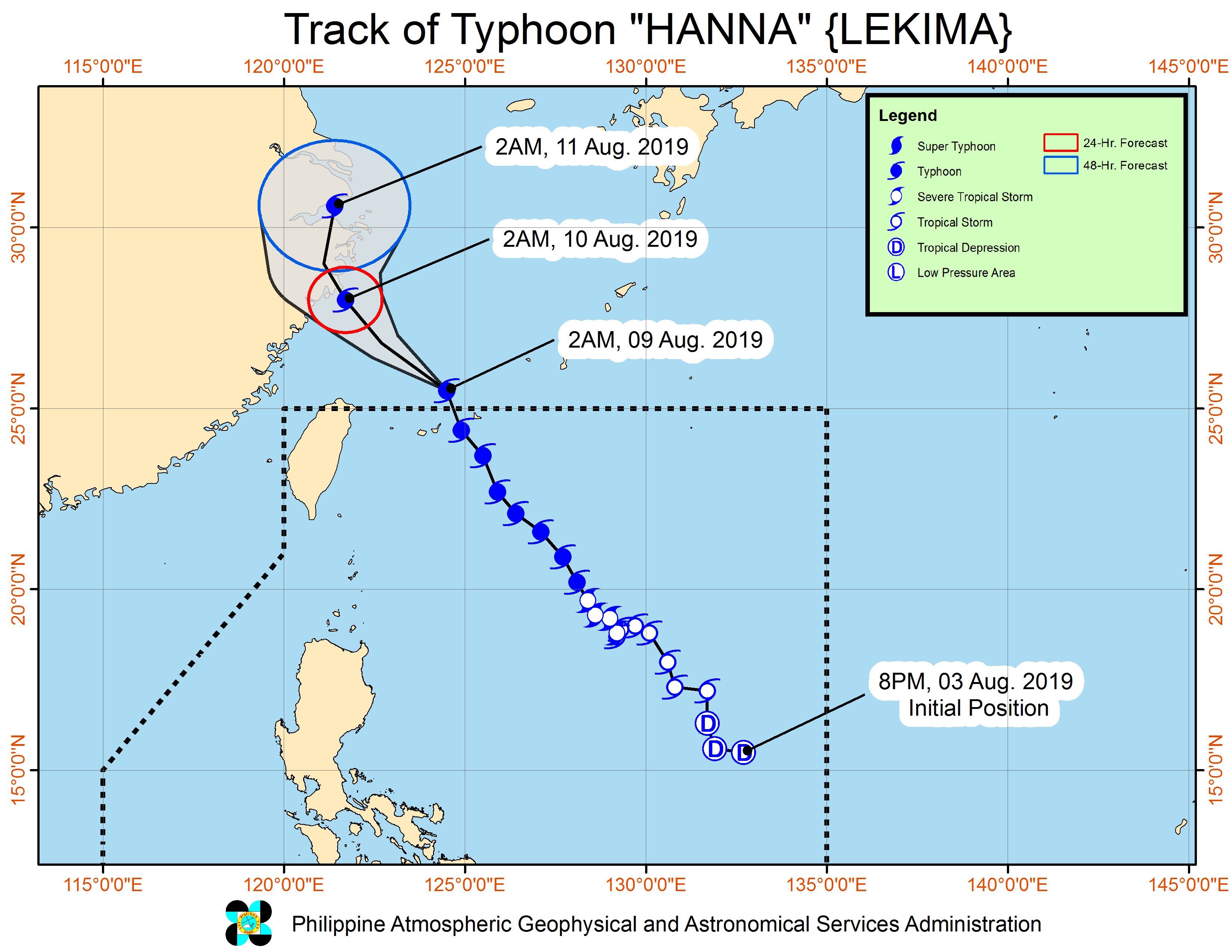 Forecast track of Typhoon Hanna (Lekima) as of August 9, 2019, 5 am. Image from PAGASA 