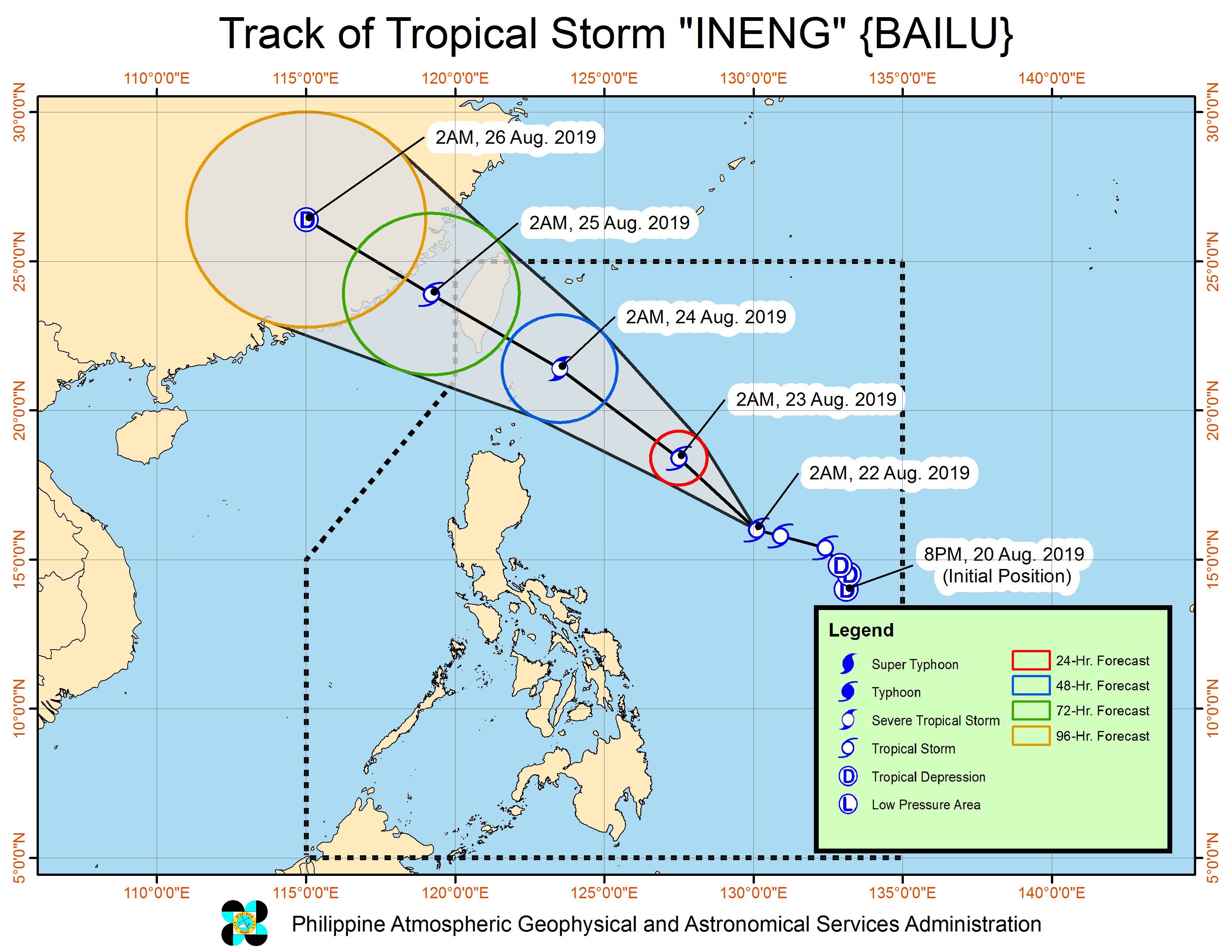 Forecast track of Tropical Storm Ineng (Bailu) as of August 22, 2019, 5 am. Image from PAGASA 